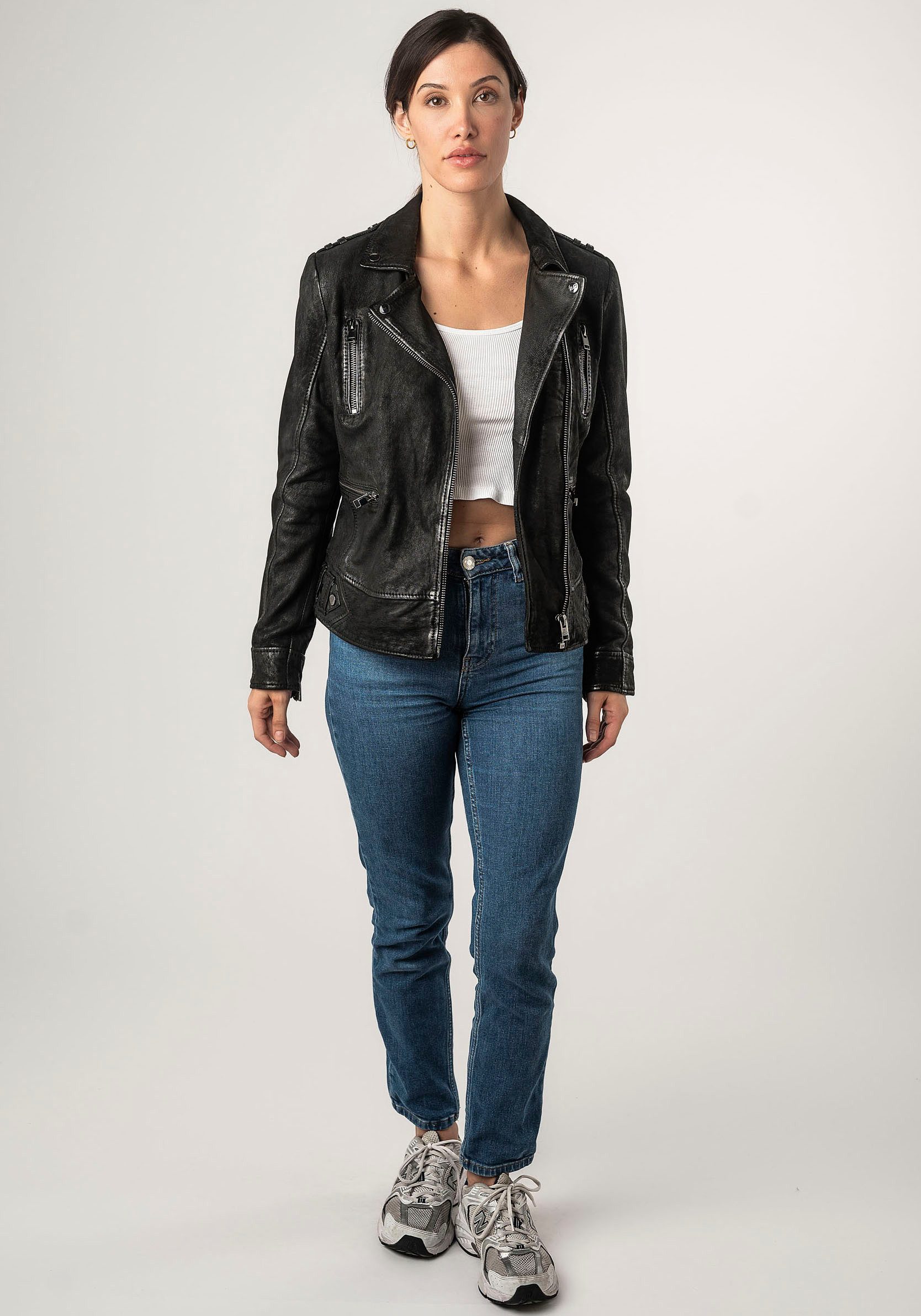 Mauritius Leren jack 2Wtashi met schouderflappen, met studs, met ritszakken