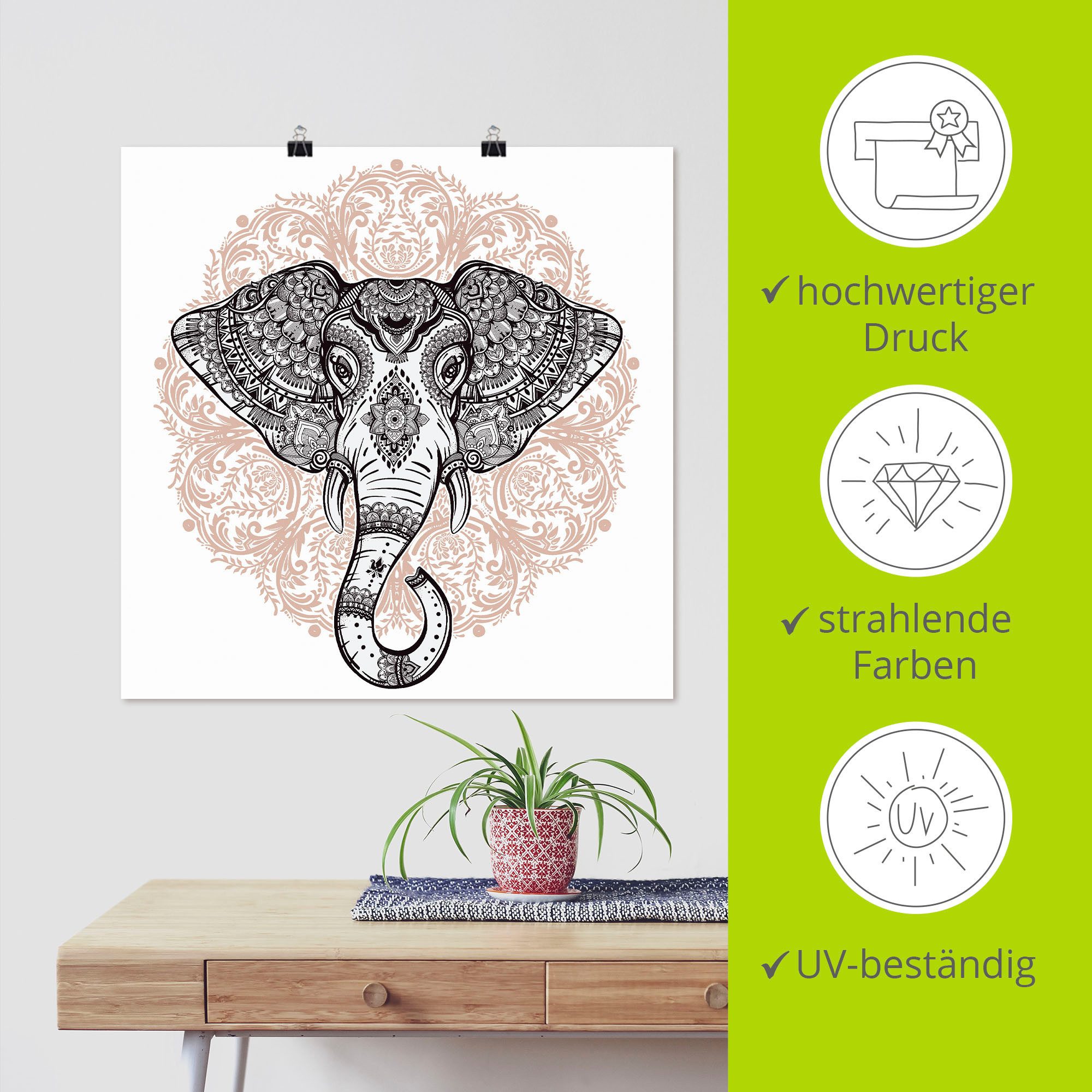 Artland Artprint Vintage mandala olifant als artprint op linnen, poster, muursticker in verschillende maten