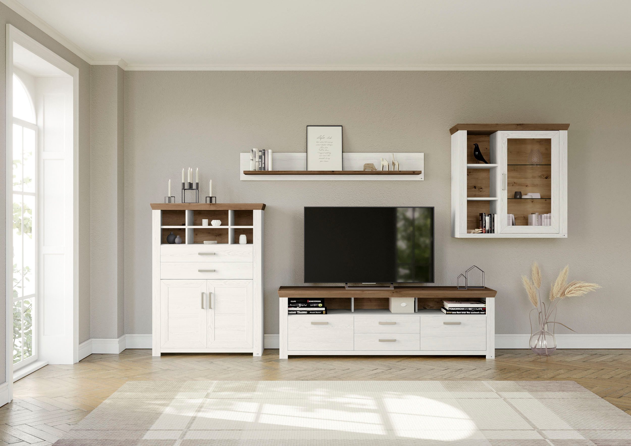 set one by Musterring Wandmeubel York Combinatie 11, in 3 kleurvarianten, totale breedte 374 cm (4-delig) tv-wandmeubels wit