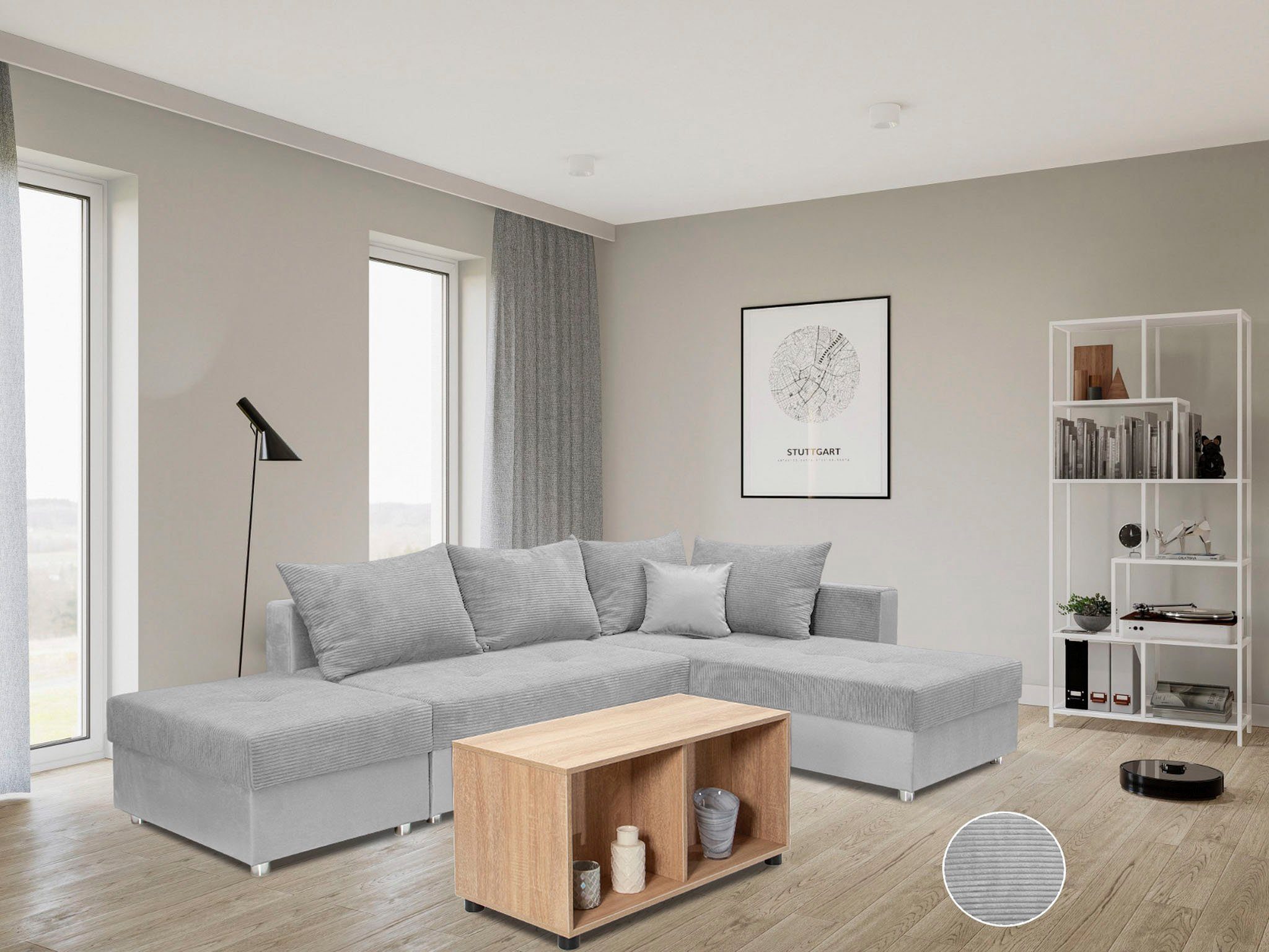 COLLECTION AB Hoekbank Italia L-vorm met slaapbank functie en bedbox, in mix van fluweel en ribfluweel