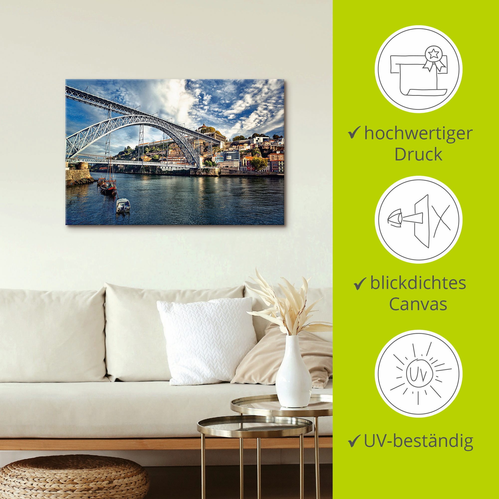 Artland Artprint op linnen Panorama Porto met Eiffel brug