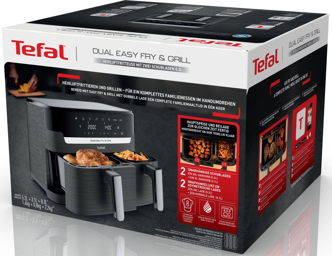 Tefal Airfryer EY905B Dual Easy Fry & Grill Dubbele kamer, 8,3 L capaciteit, met hamburgerpers