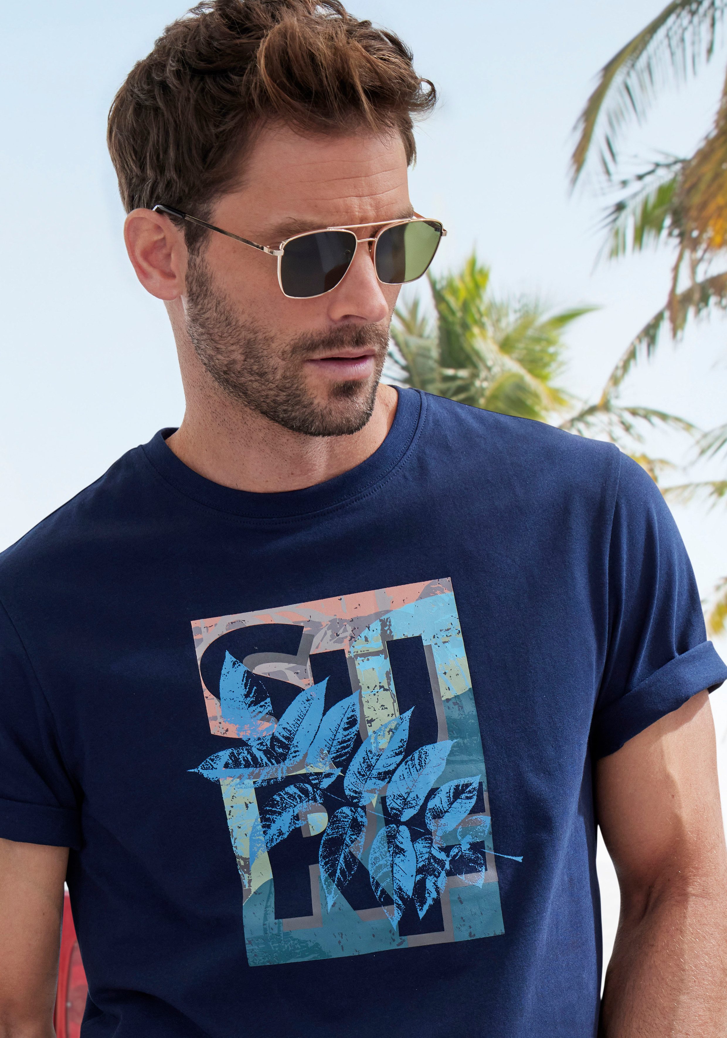 John Devin T-shirt Ronde hals shirt met surf-print van 100% katoen
