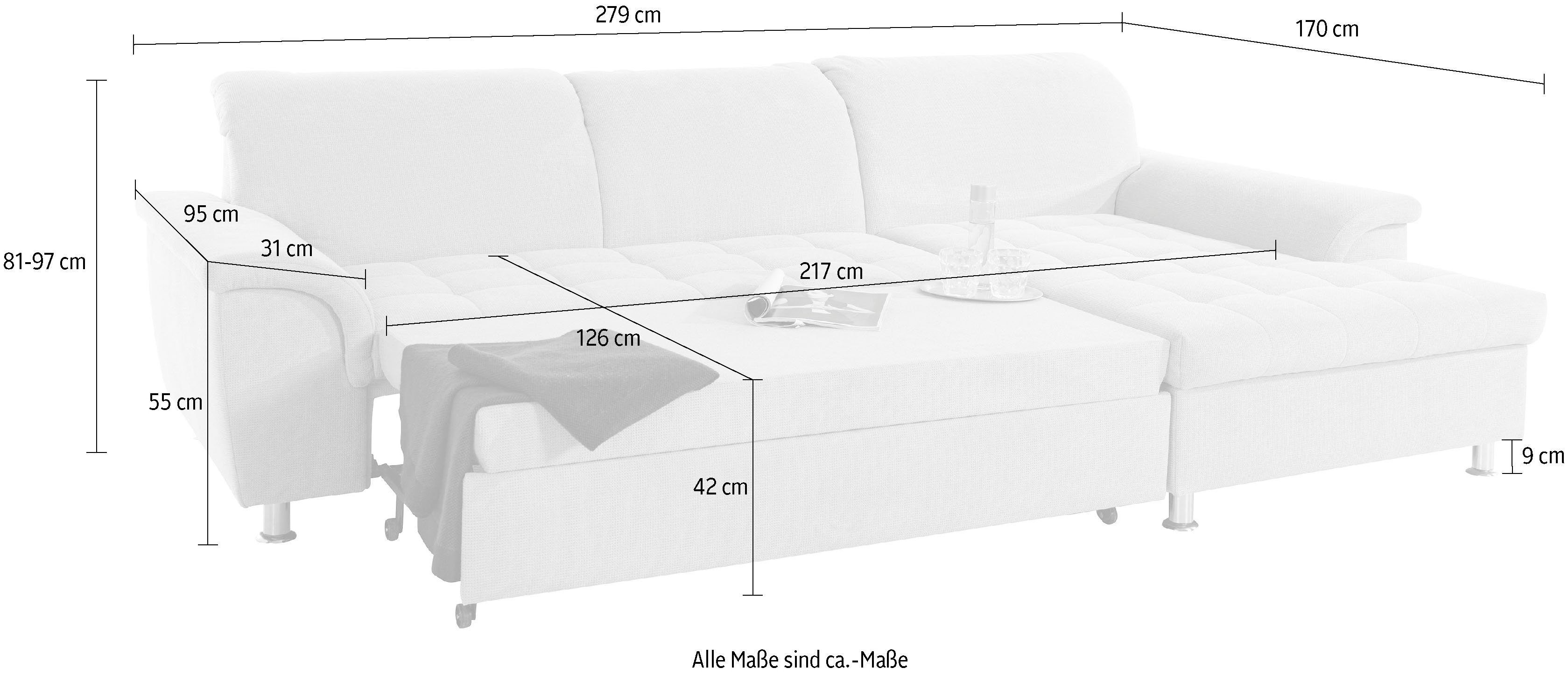 DOMO collection Hoekbank Franzi, zeitlos und elegant, moderne Sitzheftung, L-Form naar keuze met verstelbare hoofdsteun (dan diepte: 170 cm)