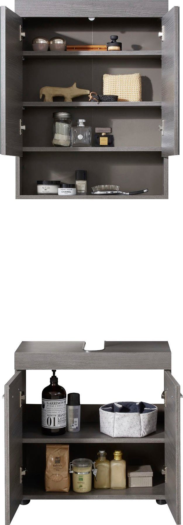 welltime Badkamerserie Royan Badkamermeubels - Washtafel en spiegelkast in rookzilverkleur (2-delig)