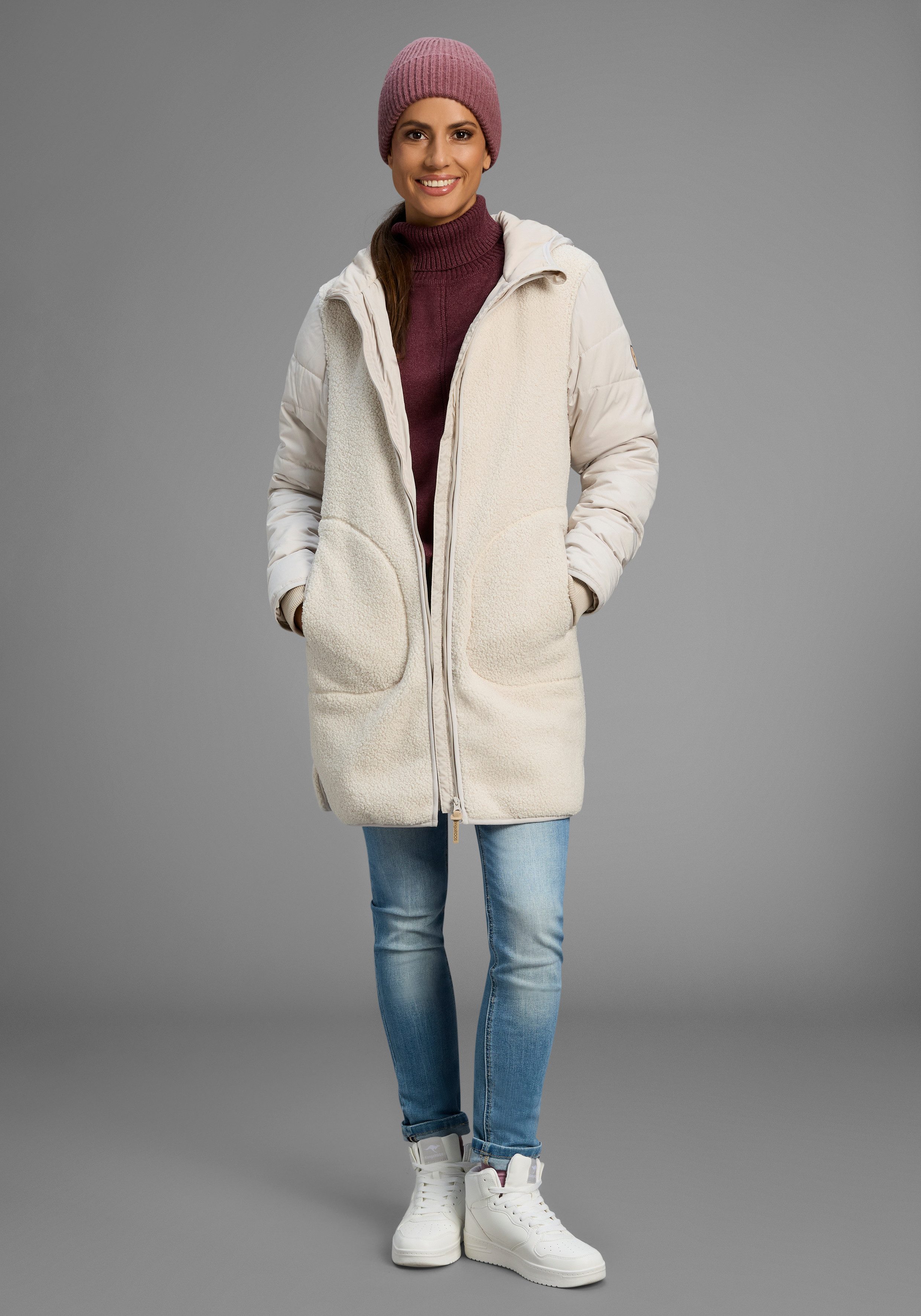 KangaROOS Hybride jas Tussenjas van teddy-fleece met gewatteerde mouwen en capuchon