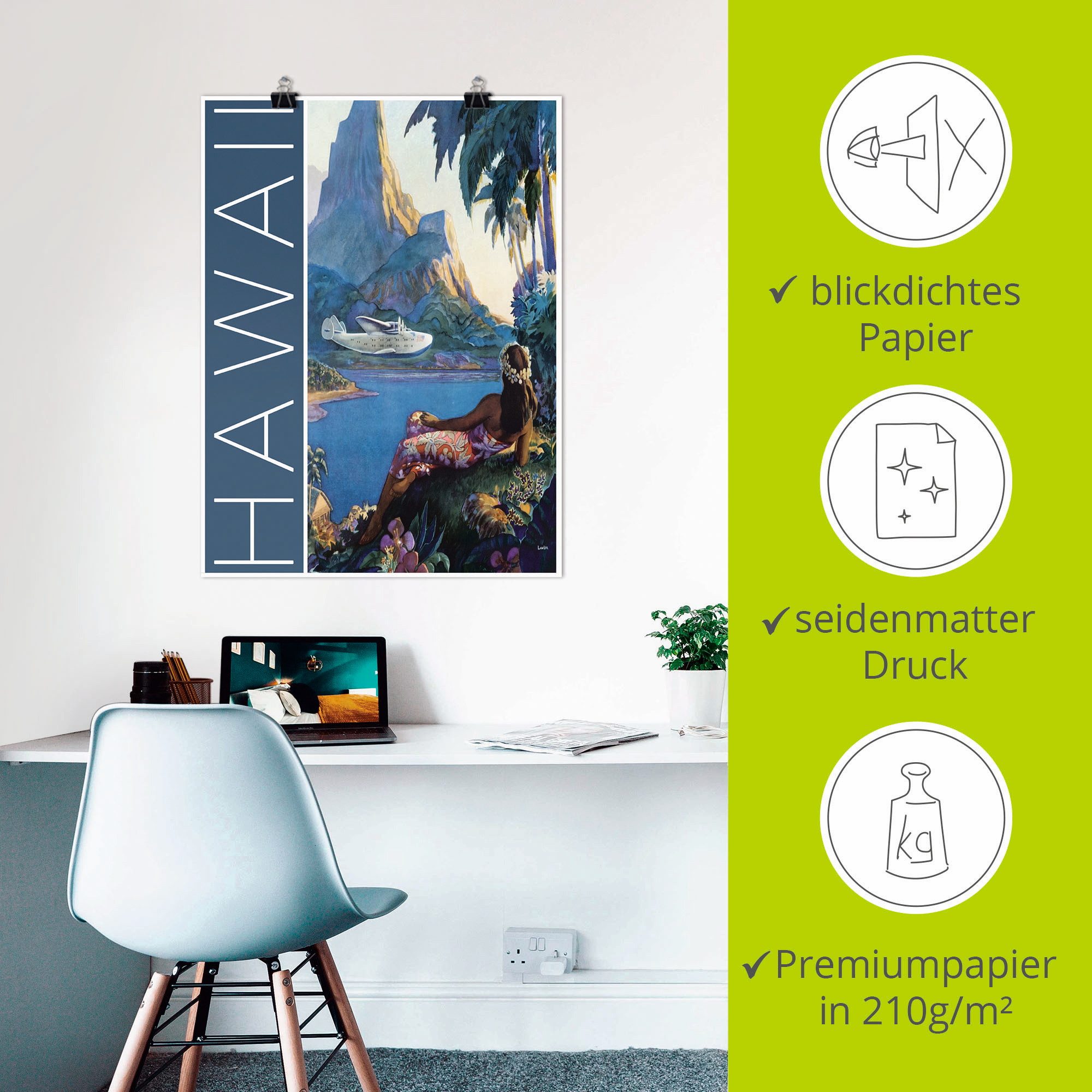 Artland Poster Hawaï Vintage reisaffiche als artprint van aluminium, artprint op linnen, muursticker of poster in verschillende maten