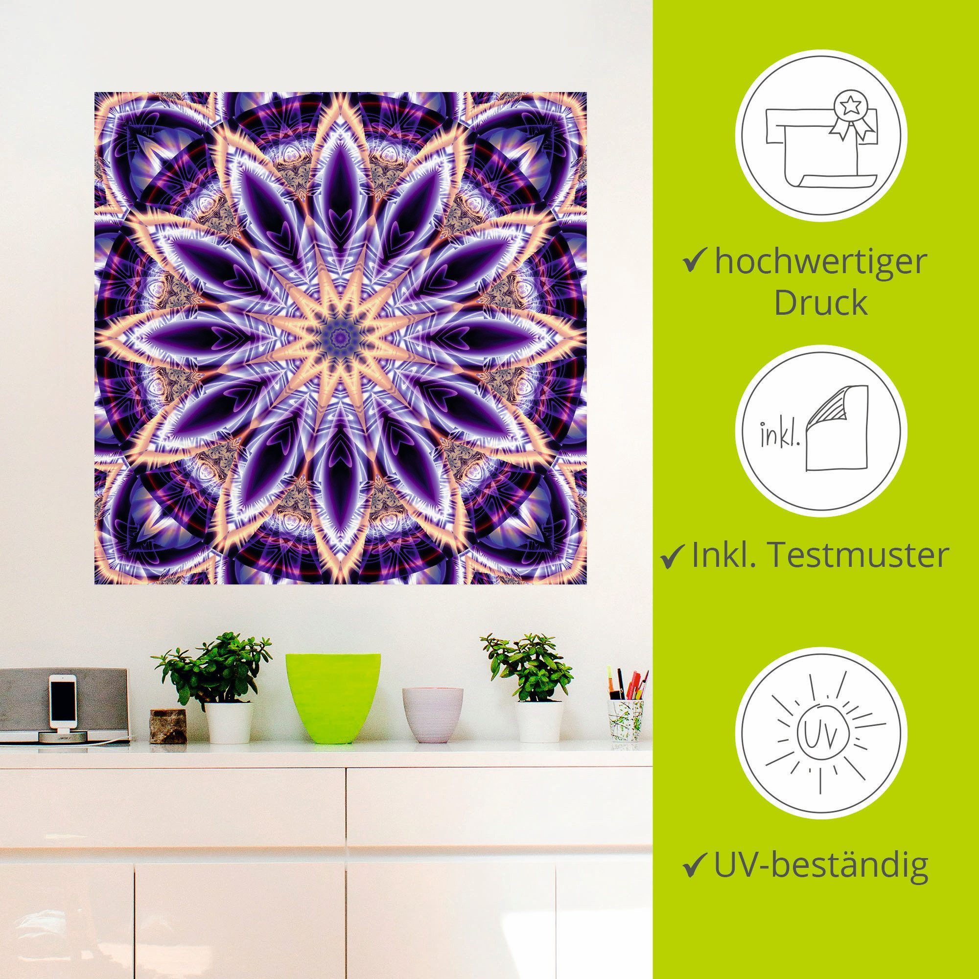 Artland Artprint Mandala ster paars als artprint op linnen, muursticker in verschillende maten