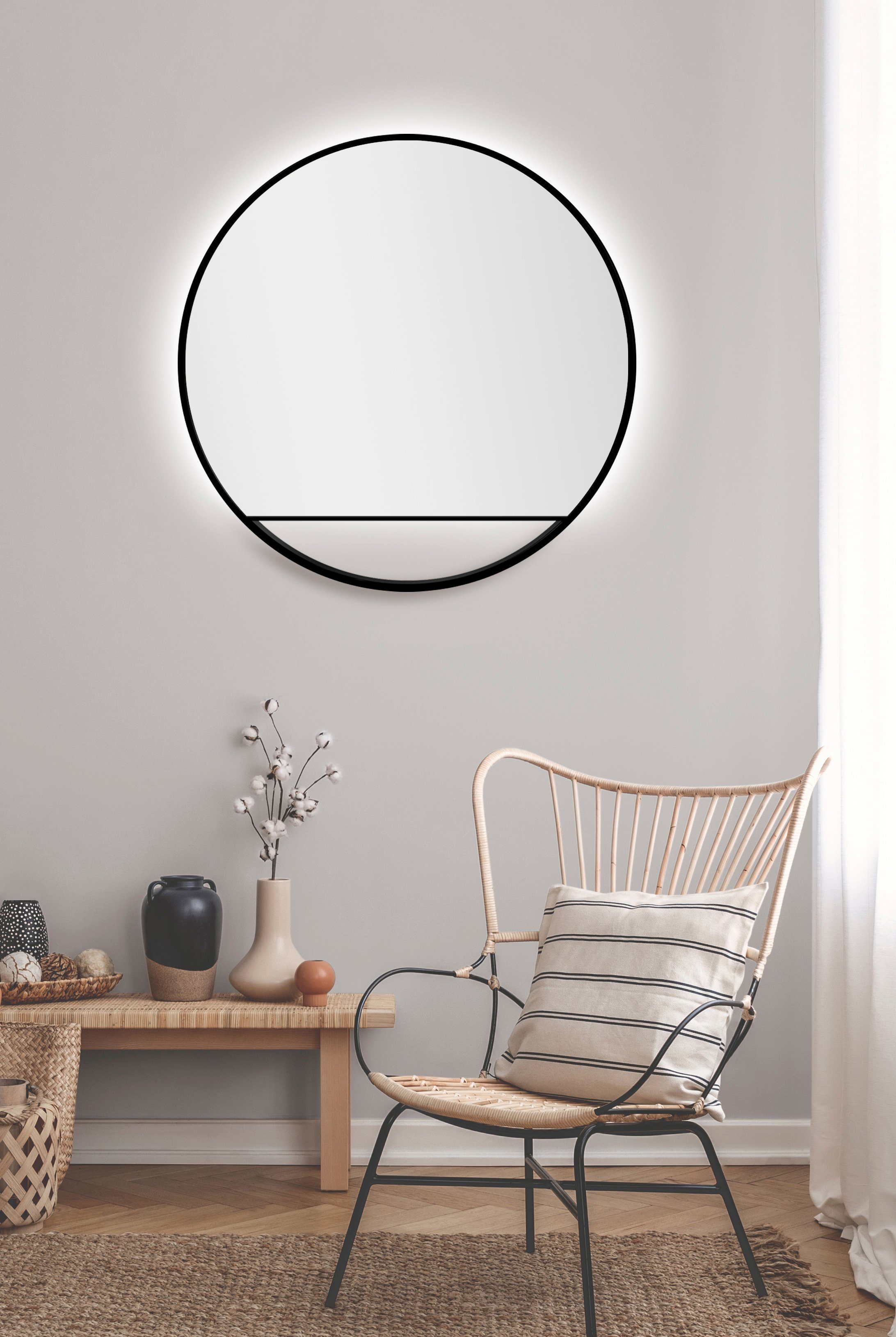 Talos Led-lichtspiegel rond, met indirecte ledverlichting in matzwart ø 80 cm spiegels & verlichting zwart