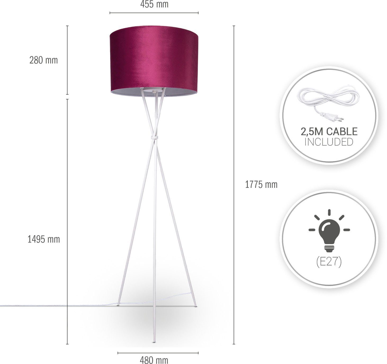 Paco Home Staande lamp Kate uni kleur Woonkamer driepoot vloerlamp velours hoogte 177,5cm filigraan E27
