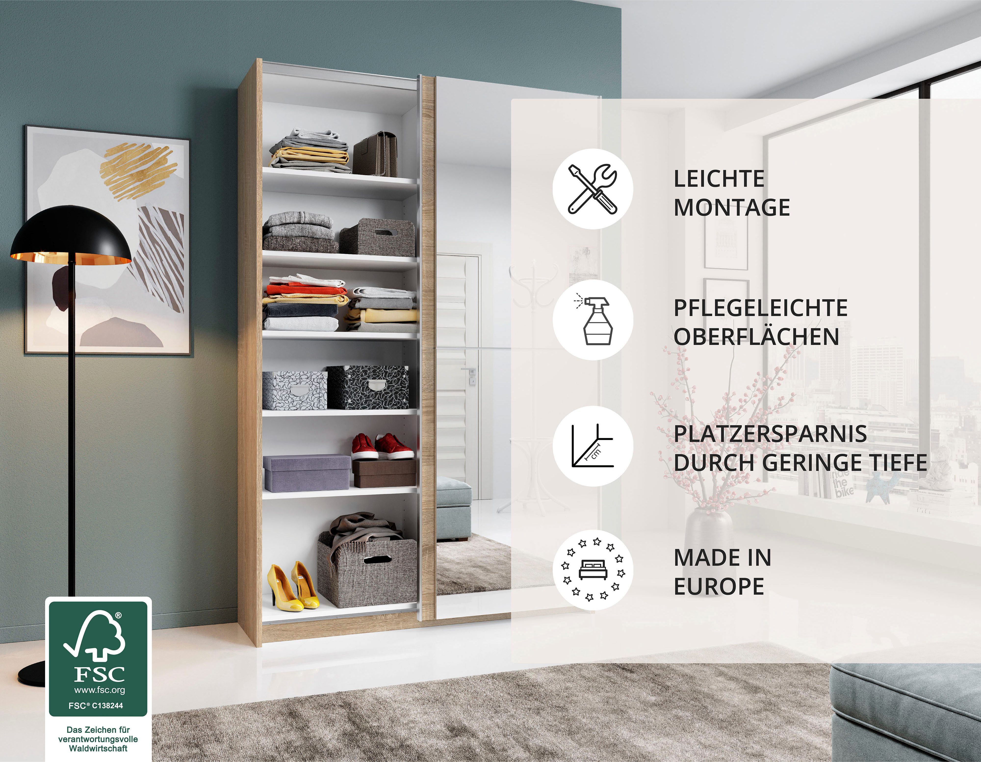 Schlafkontor Zweefdeurkast Heimo / Fast Kast Kledingkast Garderobe weinig diepte, uitschuifbare kledingstang, garderobekast, 6 planken
