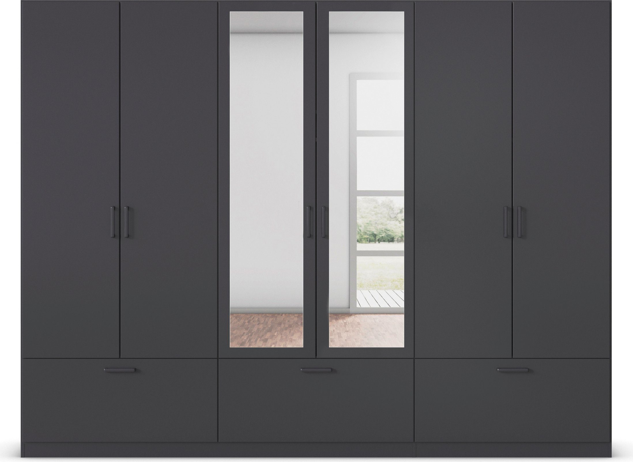 rauch Draaideurkast Kledingkast kast garderobe waskast BARI met spiegel met lades en moderne greep in grijs metallic made in germany
