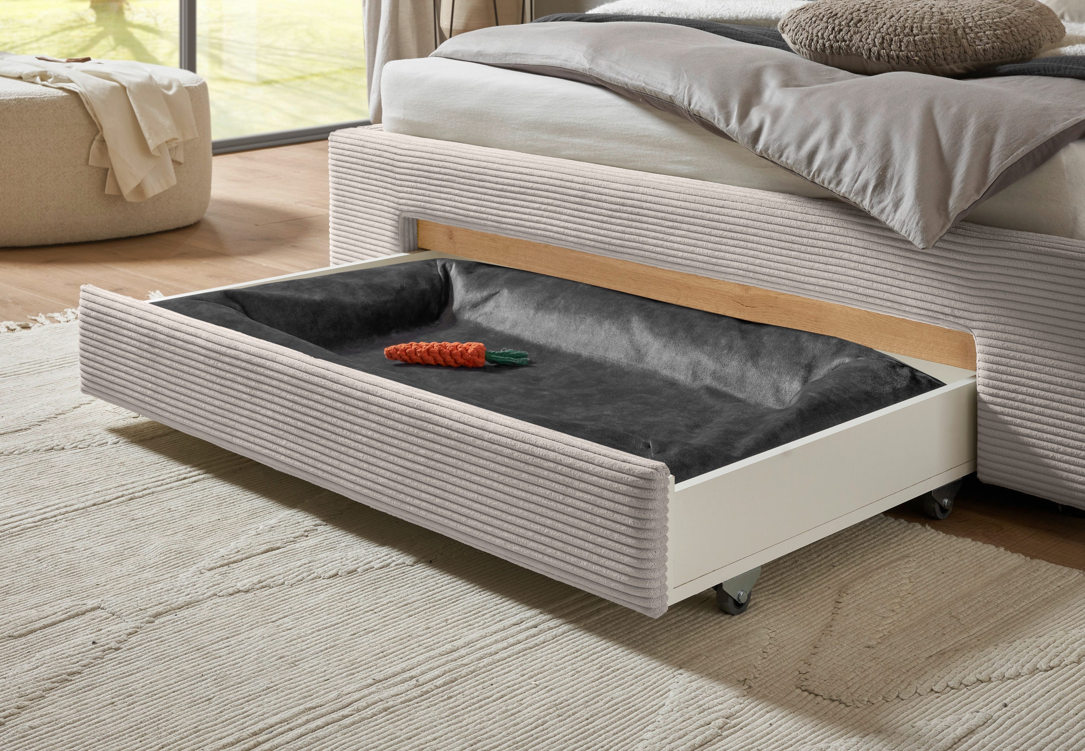 INOSIGN Gestoffeerd bed CiTY/GiRON, bedframe met bedlade, gestoffeerd opbergbed met hondenbed of opberglade, bekleding van corduroy of linnenlook