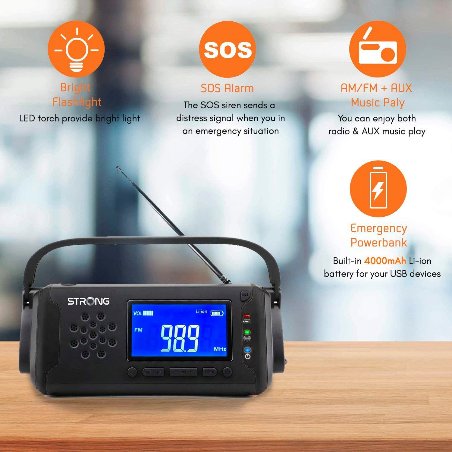 Strong Noodradio EPR1500 Camping- en noodradio met zonne- en handbediening, powerbank