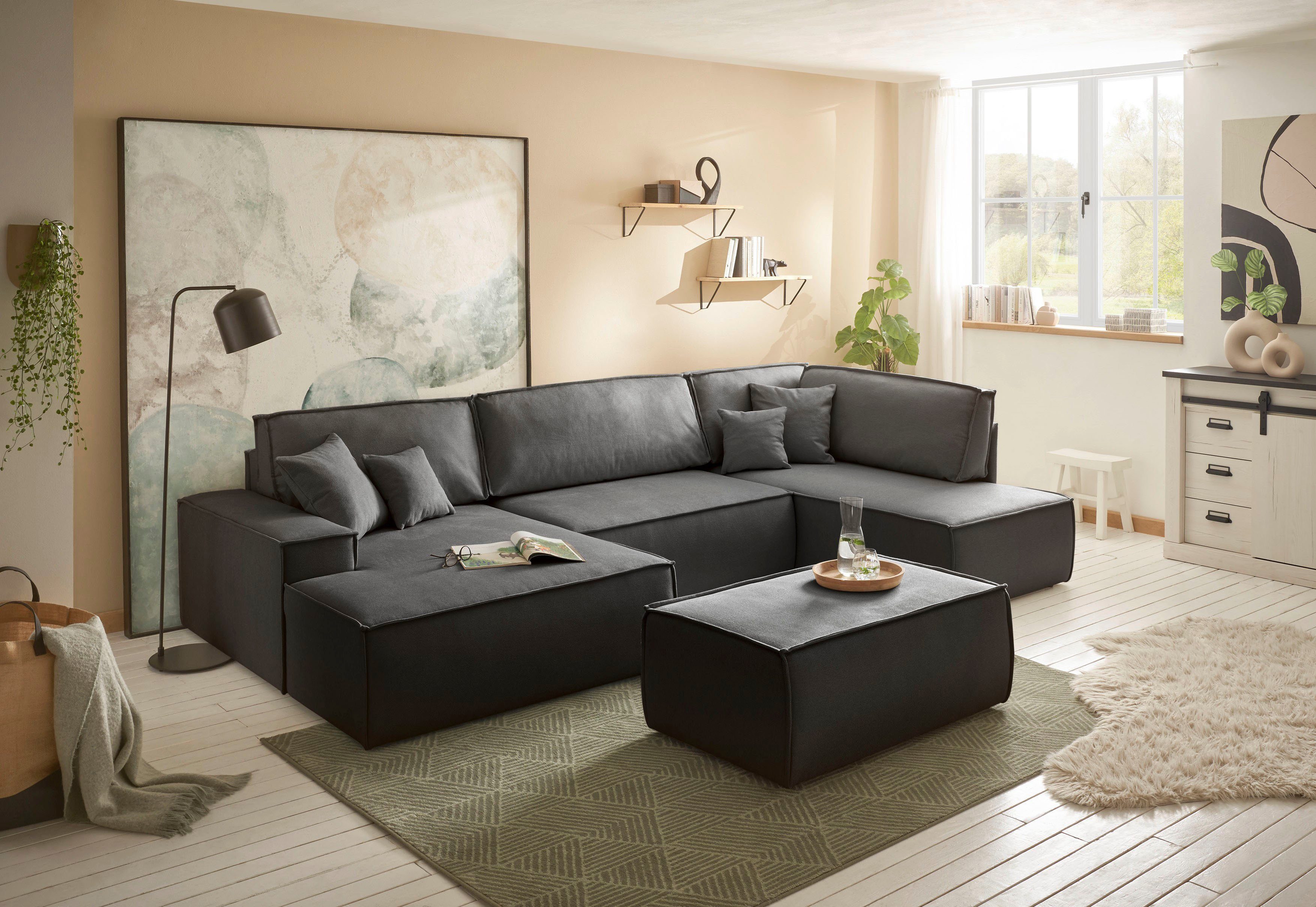 andas Zithoek FINNLEY U-model XXL 329 cm, bedbank, slaapfunctie m. bedkist