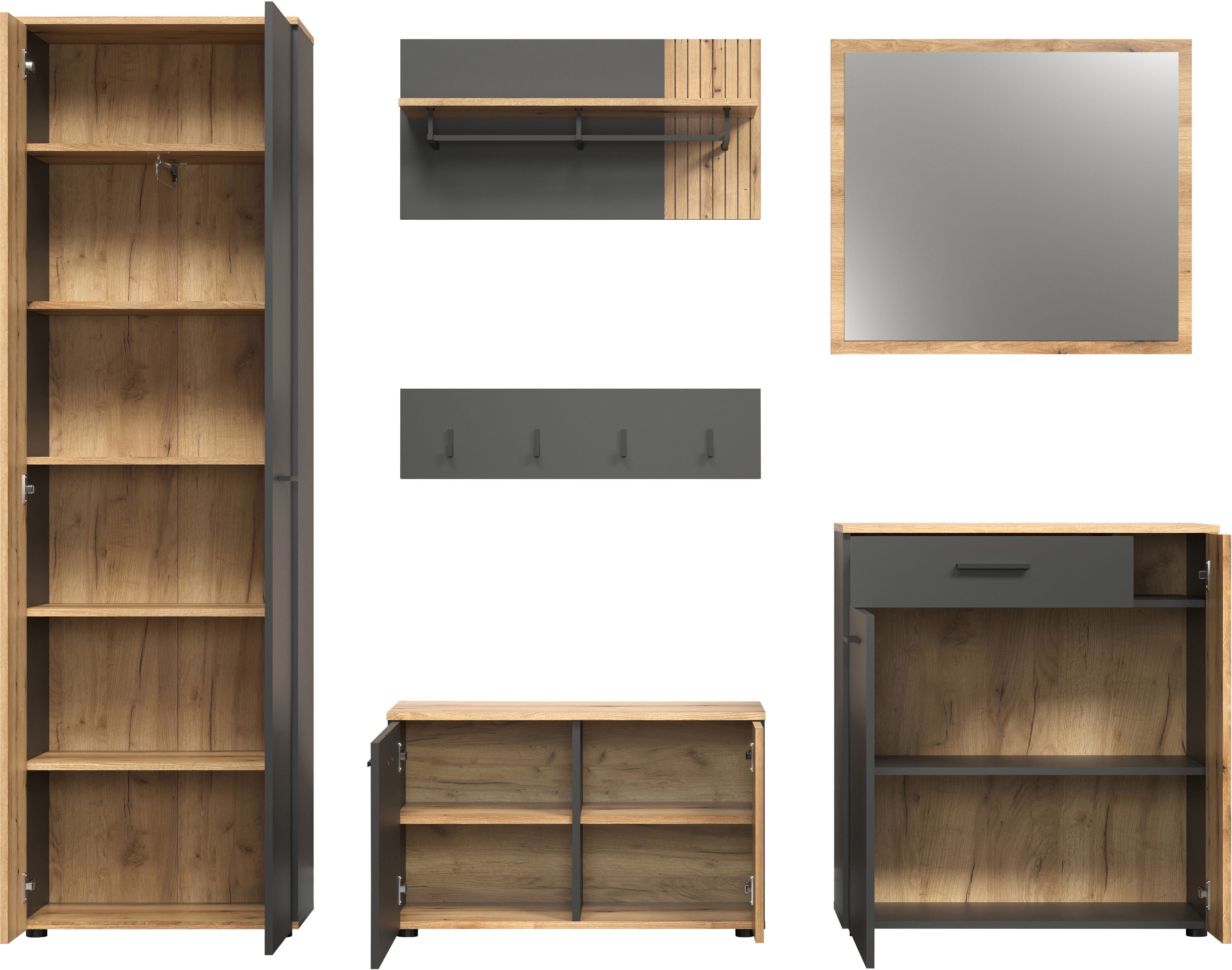 INOSIGN Halmeubelset Estepona Garderobemeubel met ribbelontwerp - afmetingen (B/D/H) 250/36/195 cm (complete set, 6-delig)