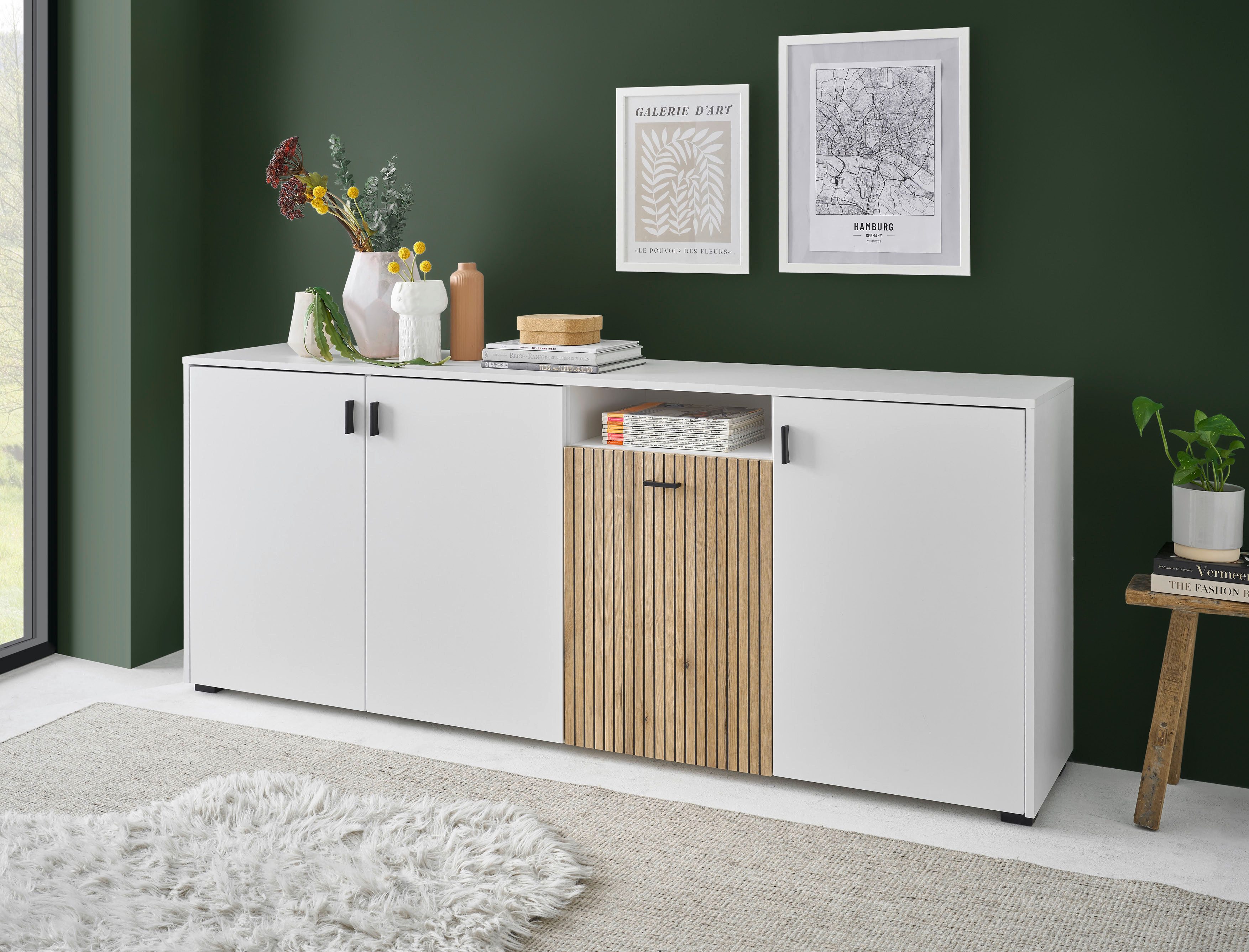 INOSIGN Dressoir Hudson in moderne trendkleur, handgrepen van metaal (zwart), breedte 200 cm dressoirs wit