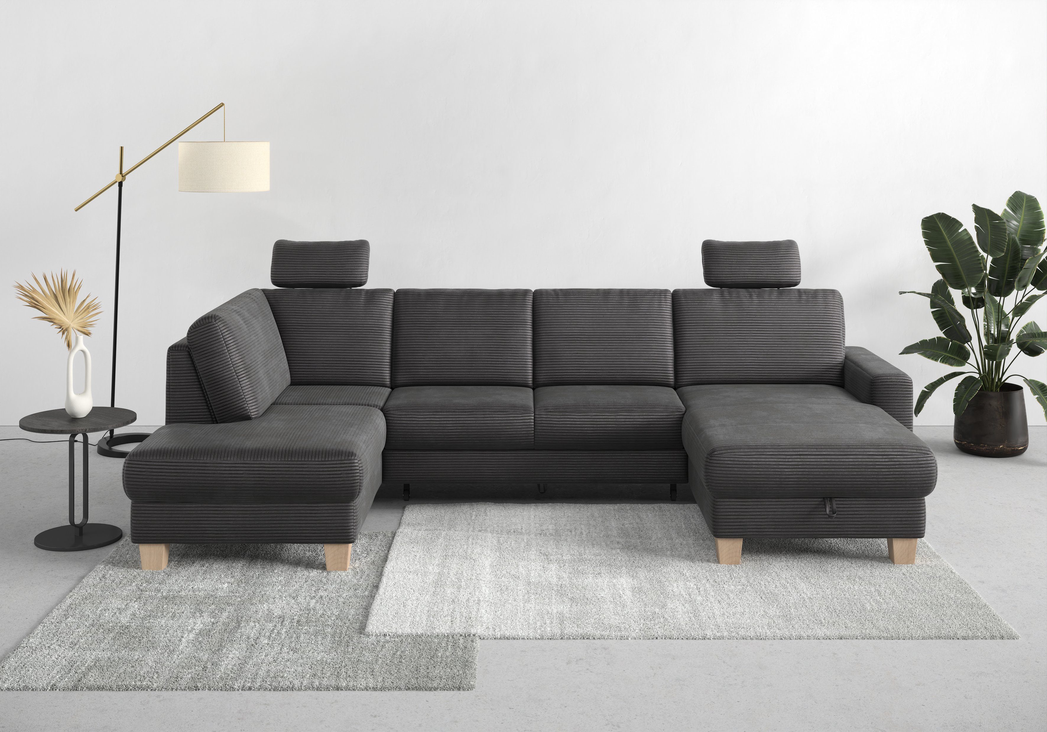 Home affaire Zithoek SUMMER U-vorm met of zonder slaapfunctie en bedkist, cordbekleding grijs, zithoeken, Met slaapfunctie-met bedkist-met