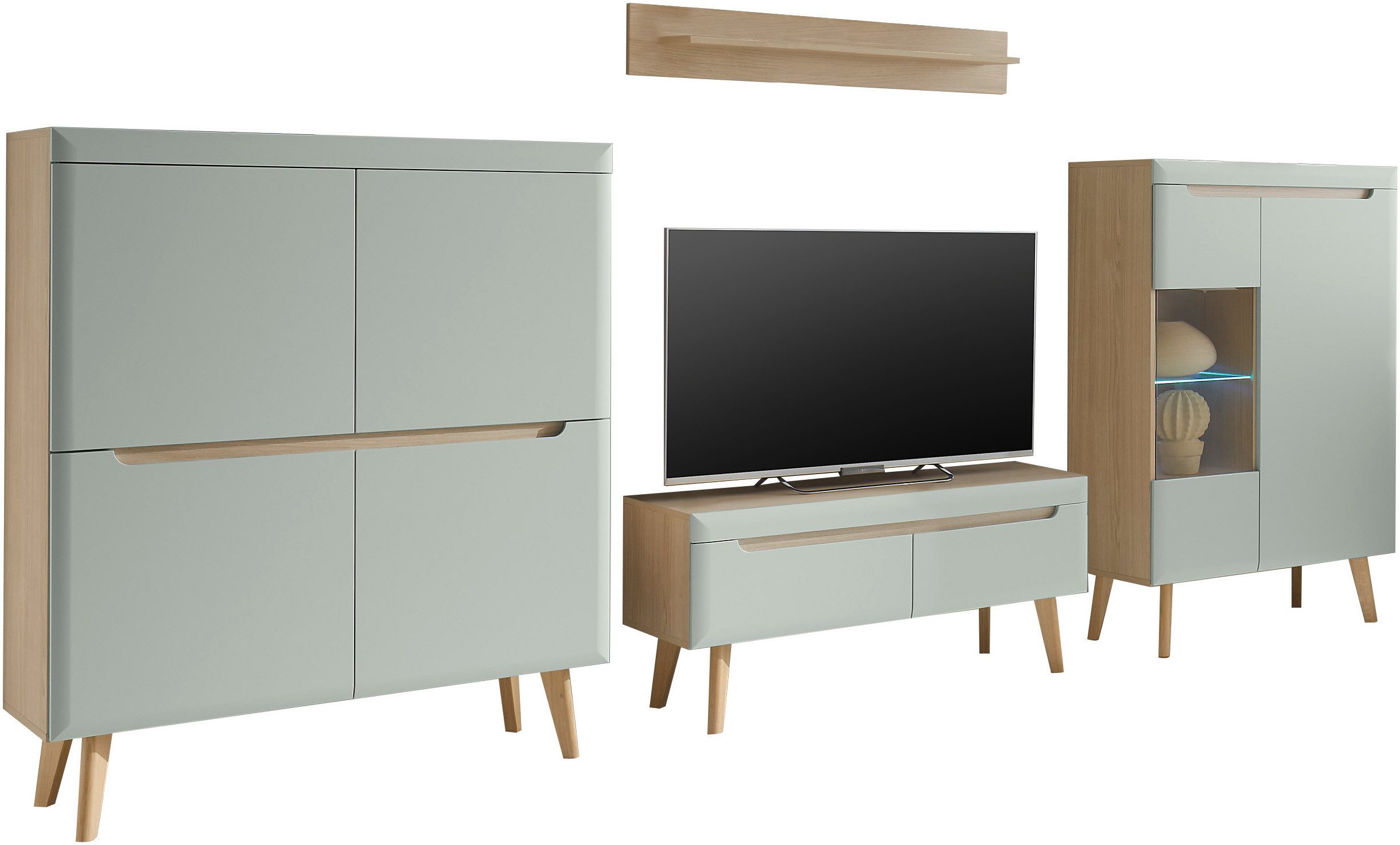 INOSIGN Wandmeubel Torge, wandmeubel, kastwand, mediawand, woonkamer-set bevat 1 vitrine, 1 lowboard, 1 highboard + 1 wandplank, 344 cm breed (set, 4-delig)