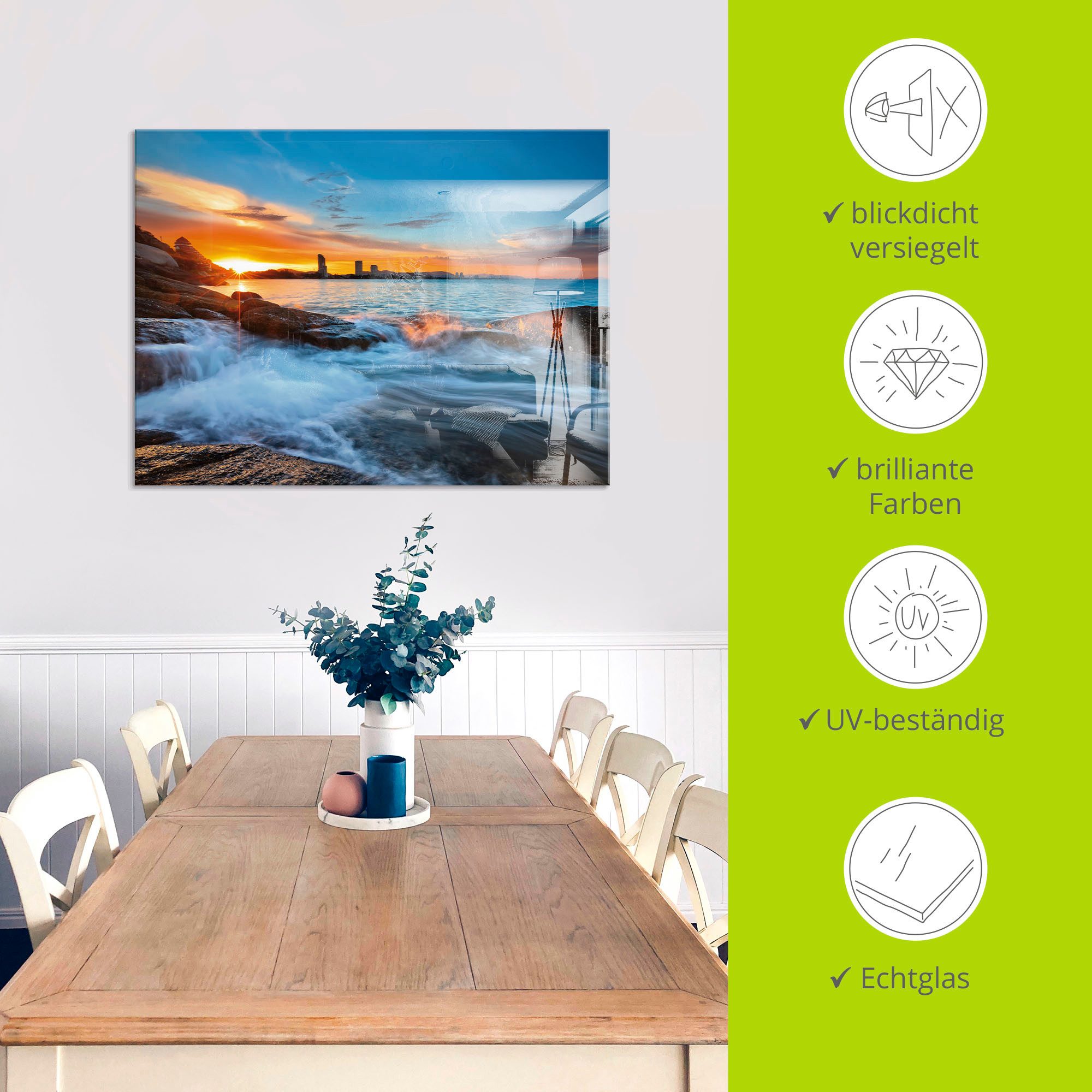 Artland Print op glas Zonsondergang op het strand van Hua-Hin
