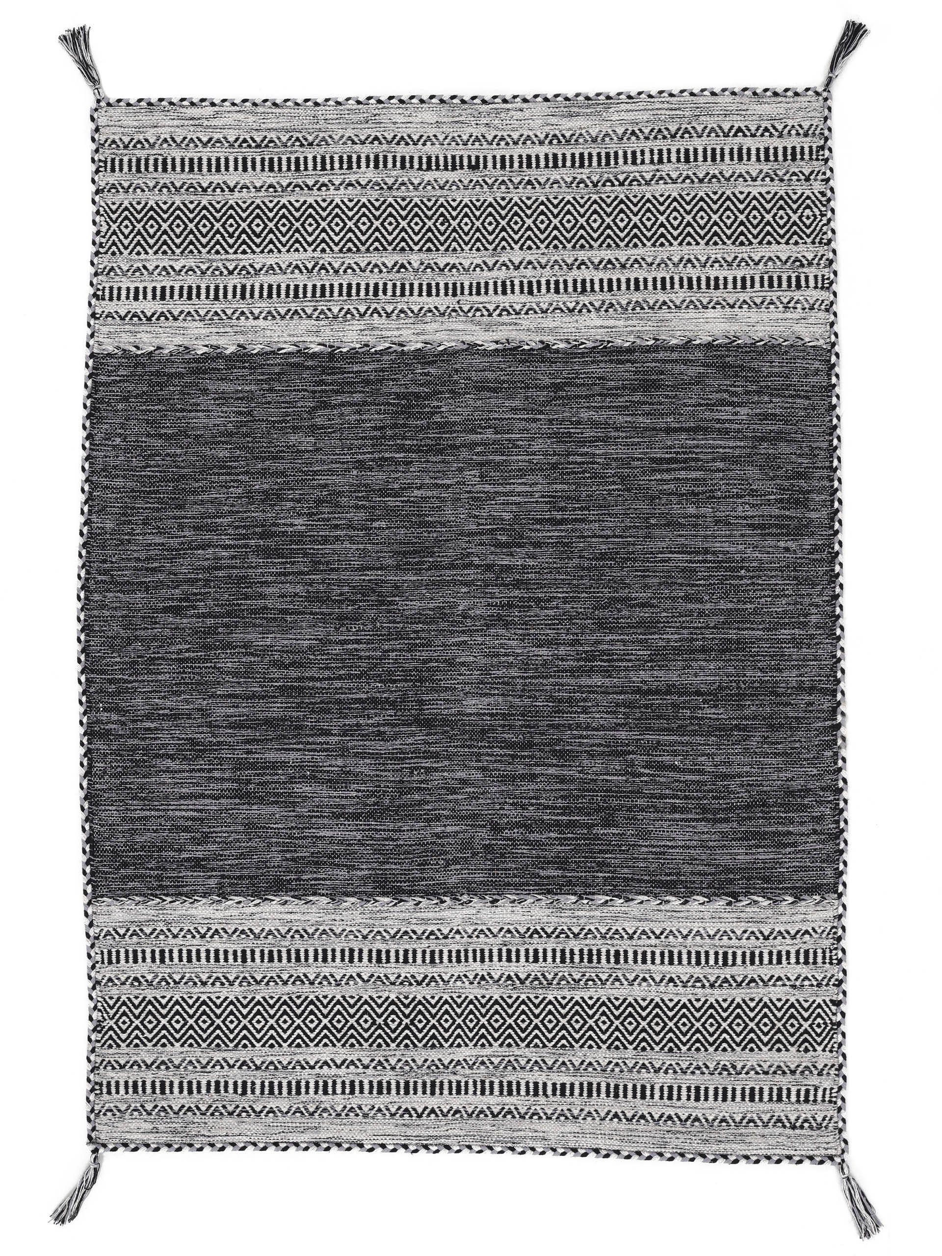 carpetfine Vloerkleed Kelim Azizi Katoenen, tweezijdig te gebruiken kleed met franje, woonkamer moderne vloerkleden maat 80x150 cm zwart