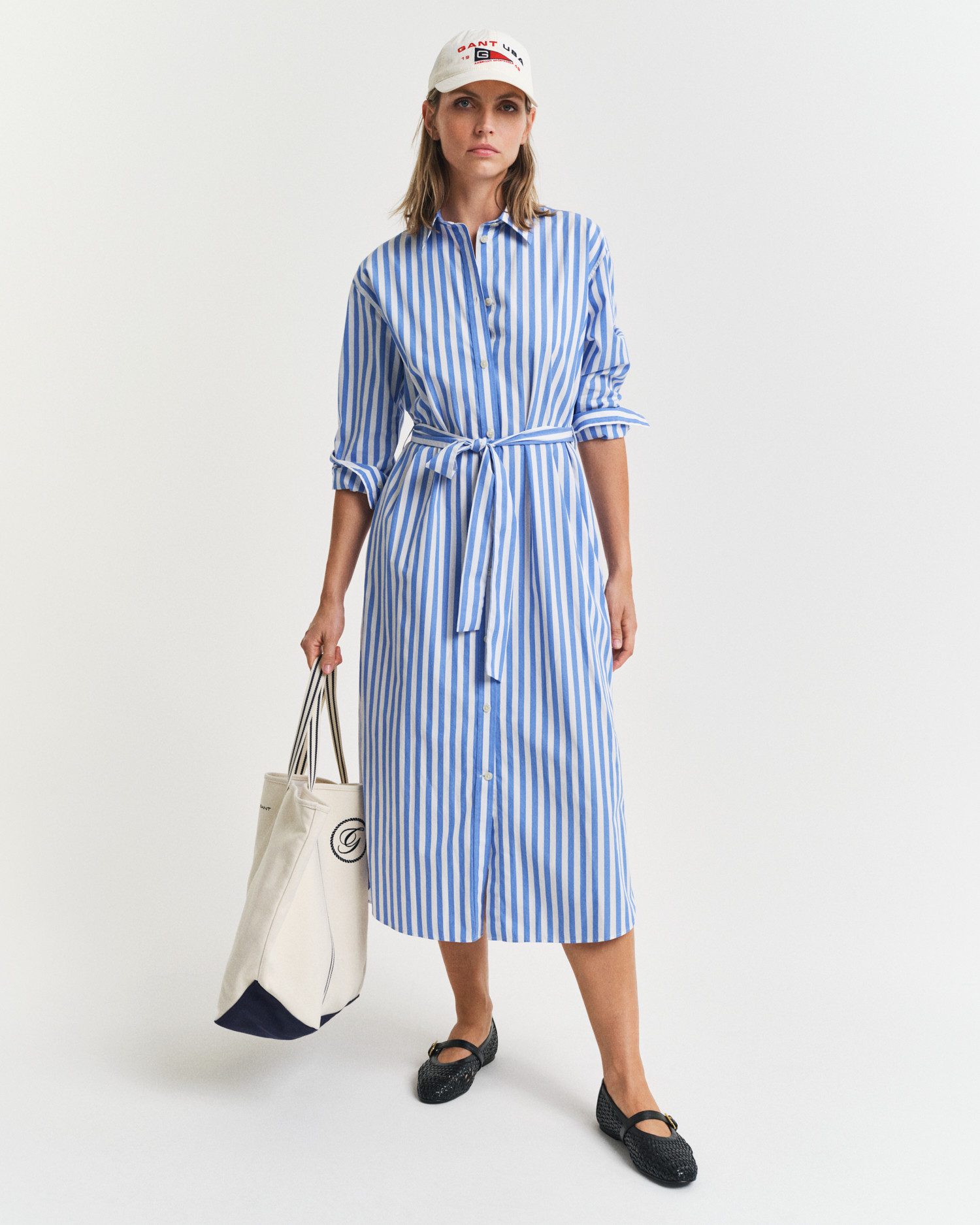 Gant Jurk met overhemdkraag REL STRIPED POPLIN SHIRT DRESS dames blousejurken maat 38 wit