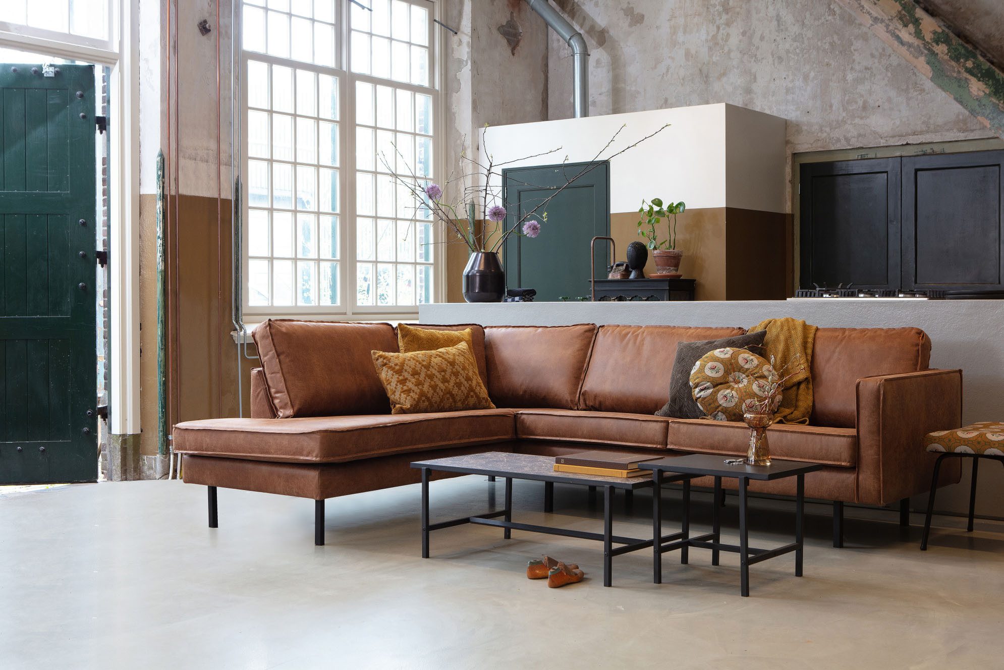 WOOOD Hoekbank Rodeo met gerecycled leer, vrijstaand, h 85 cm x b 266 cm