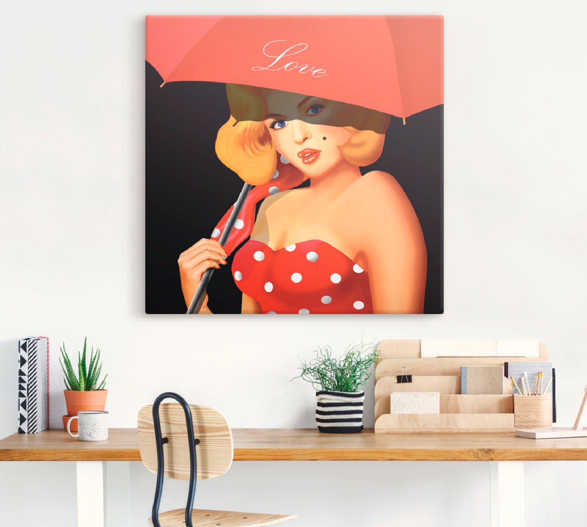 Artland Artprint Pin-upgirl onder rode paraplu als artprint van aluminium, artprint voor buiten, artprint op linnen in verschillende maten