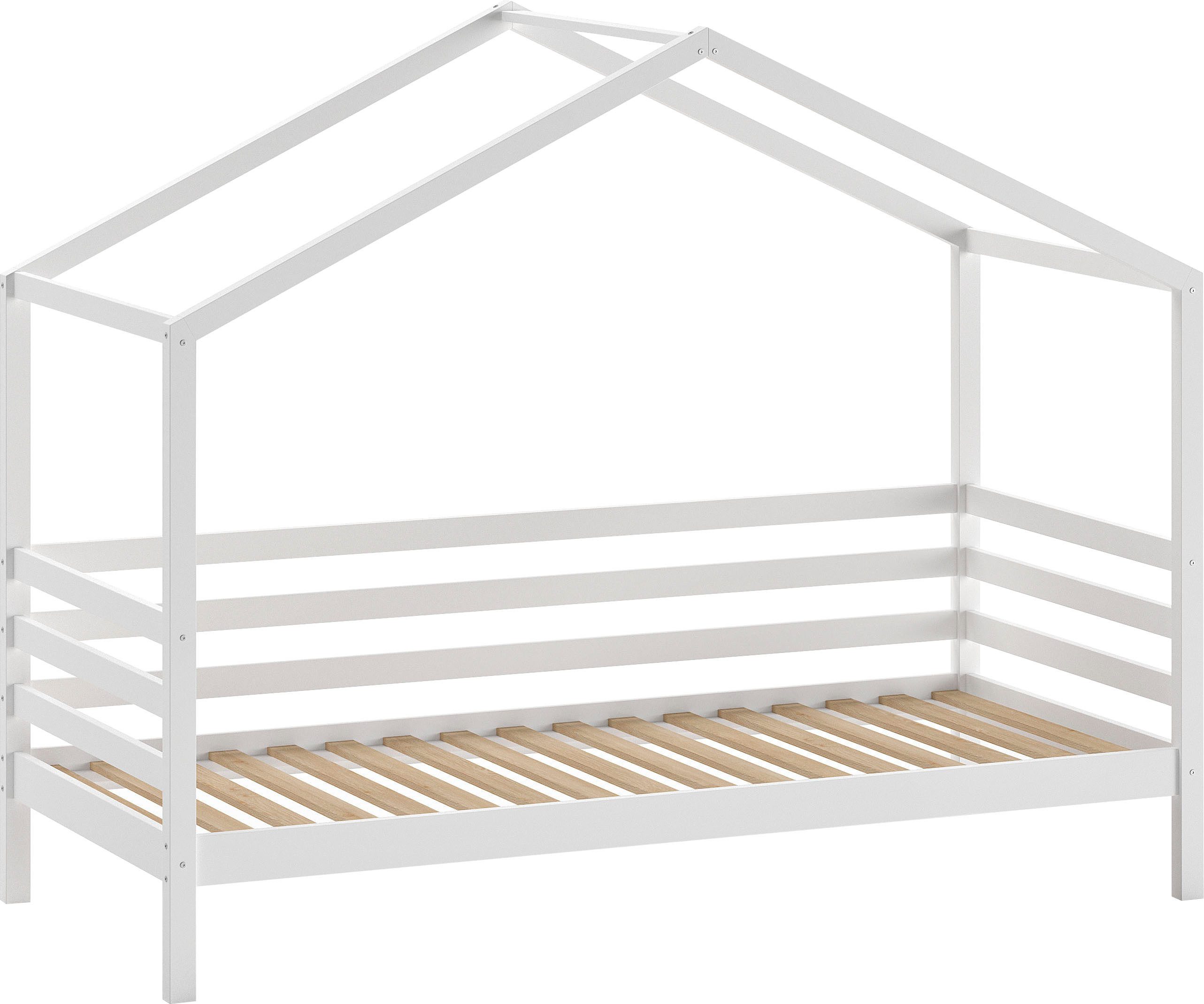 Home affaire Huisbed Massief dennenhout wit gelakt, incl. dakconstructie en lattenbodem