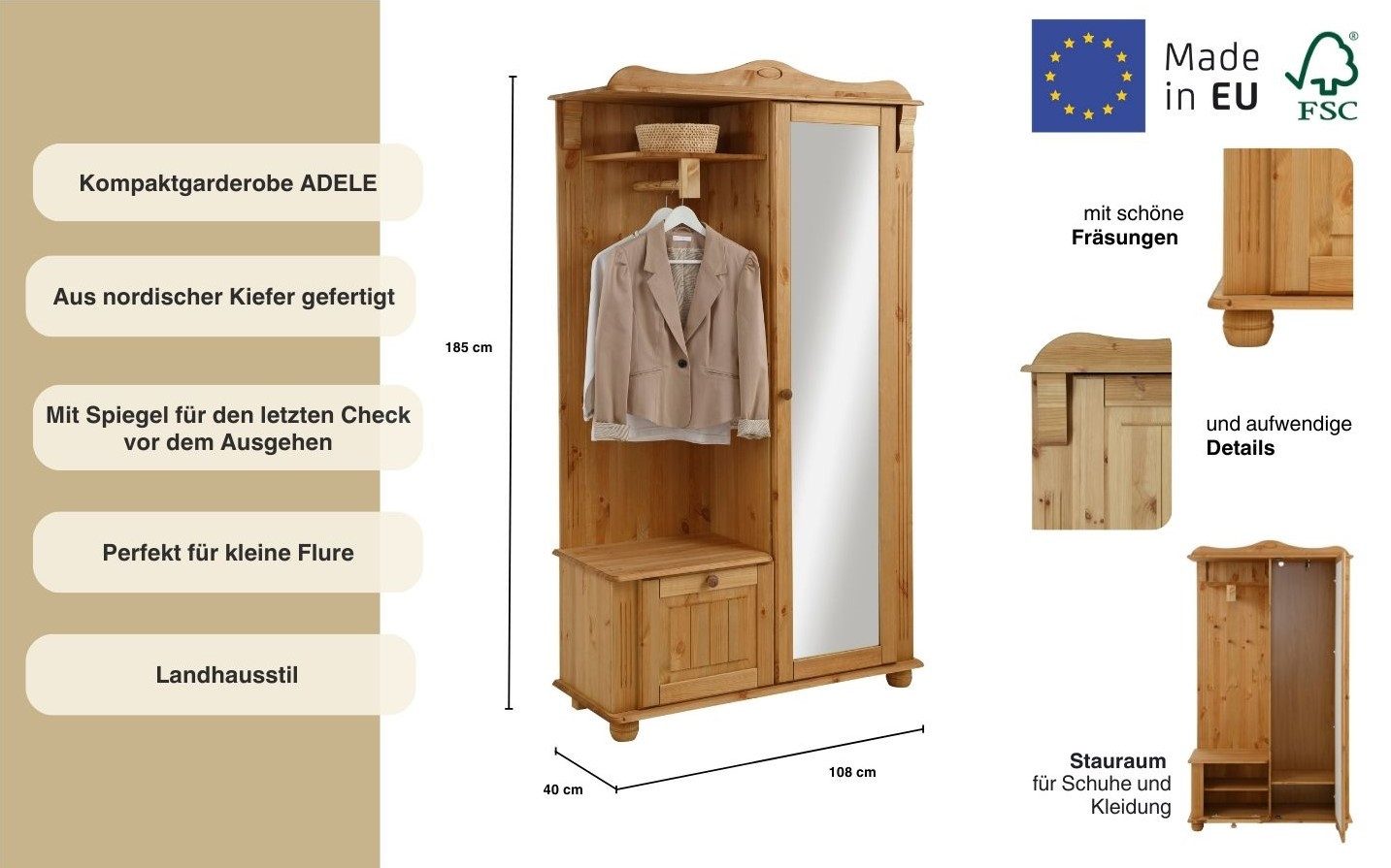 Home affaire Compact kapstokmeubel ADELE Breedte 108 cm, met spiegeldeur, van massief grenen, FSC®