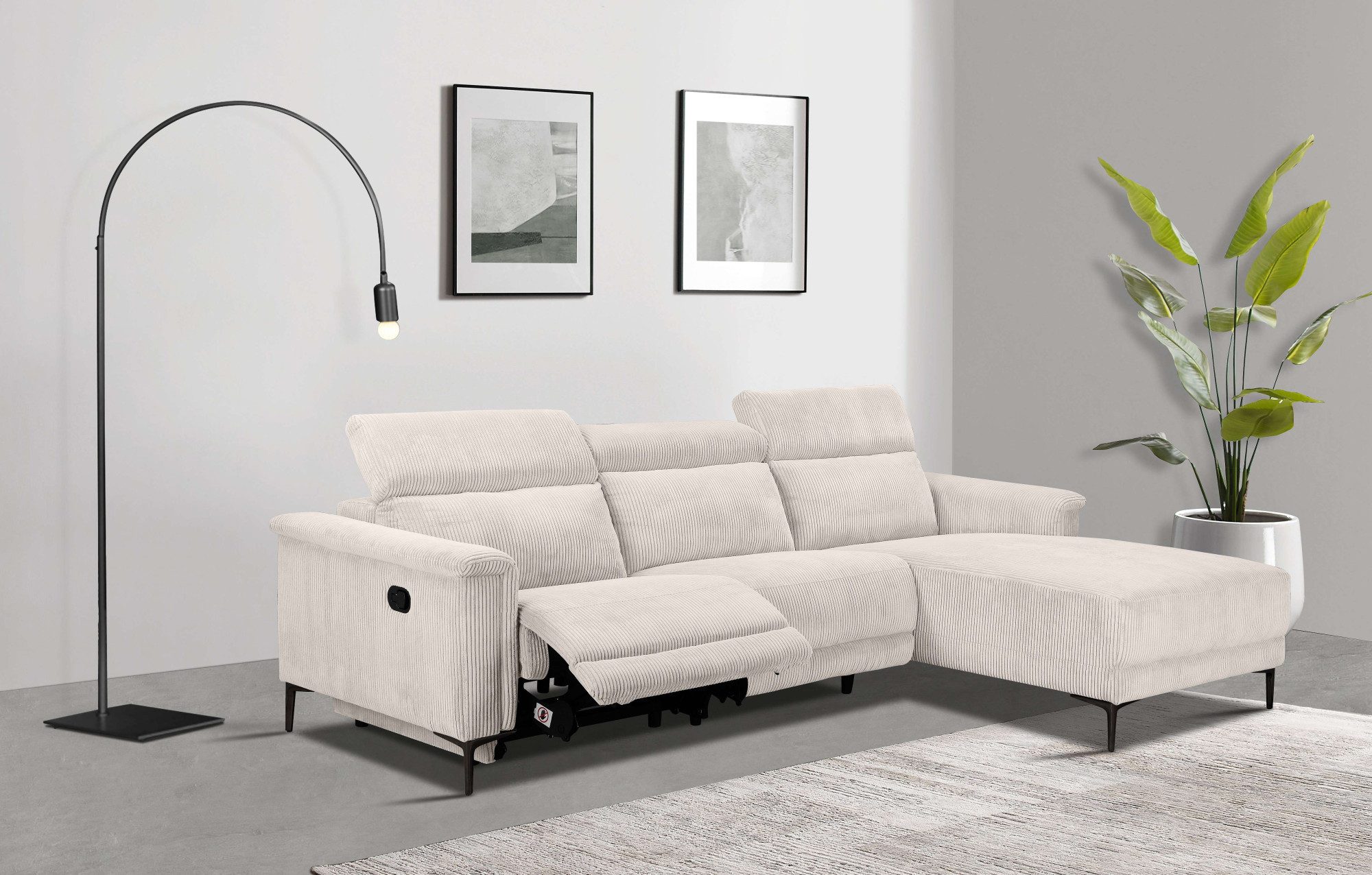 Places of Style Hoekbank Lund in cord, L-vorm, 261 cm, handmatige en elektrische relaxfunctie