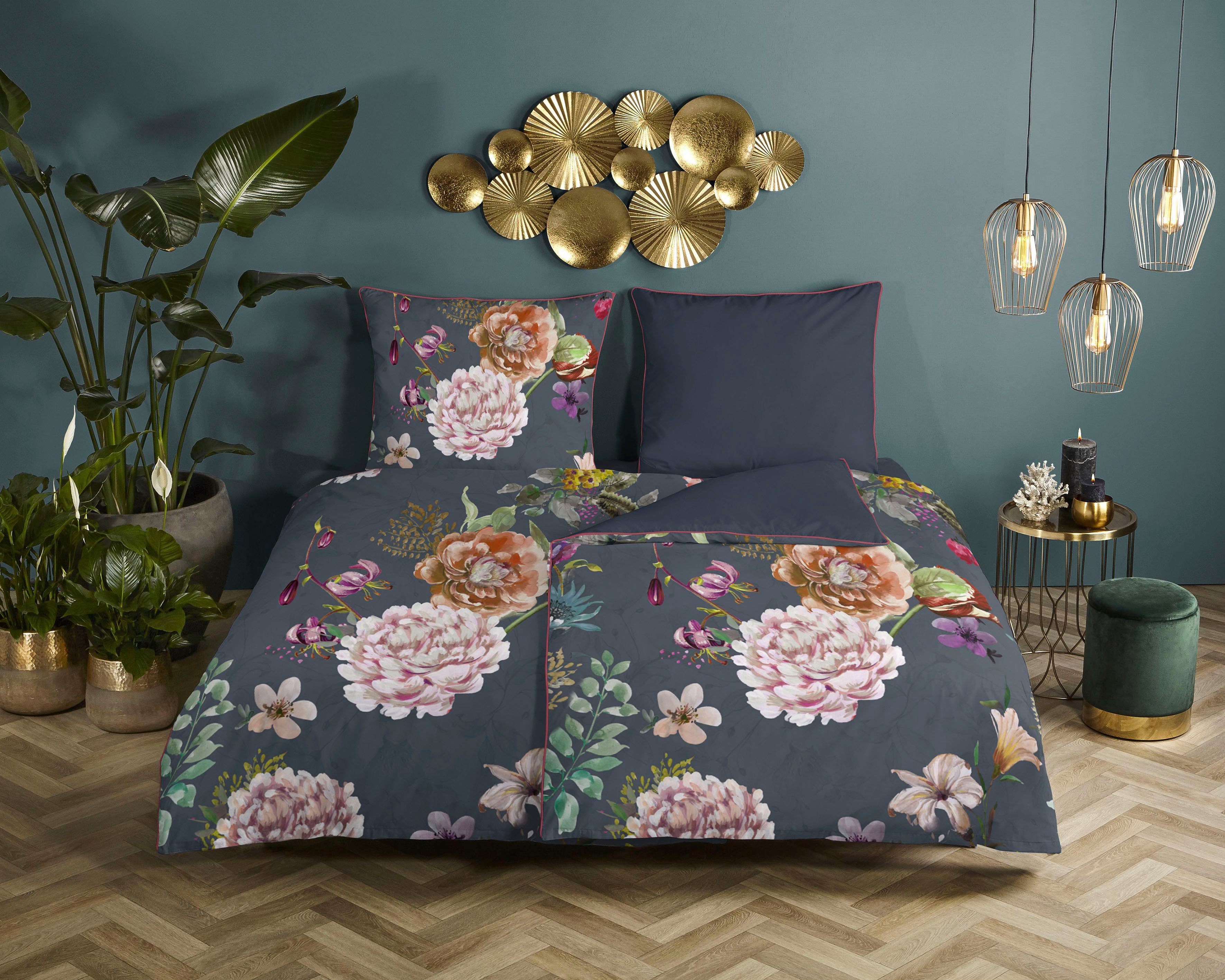 Descanso Tweezijdig te gebruiken overtrekset Parma Katoen, Satijn, 135x200, Bies, Rits, Omkeerbaar, Bloemen dekbedovertrekken grijs