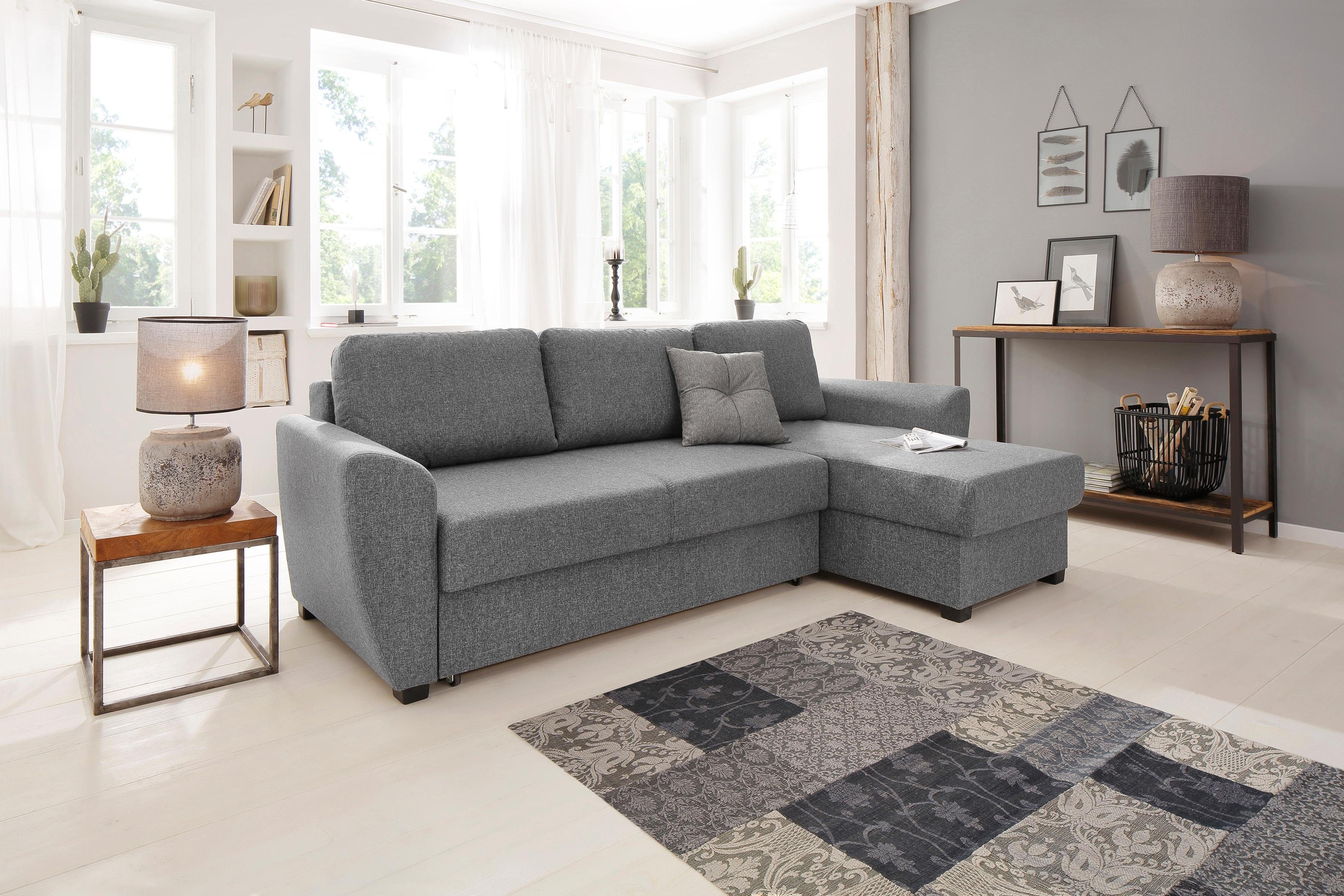 Home affaire Hoekbank Quin L-vorm met slaapfunctie, bedkist en sierkussen, met binnenvering grijs, hoekbanken, Breedte ligoppervlak: 143 cm, Lengte