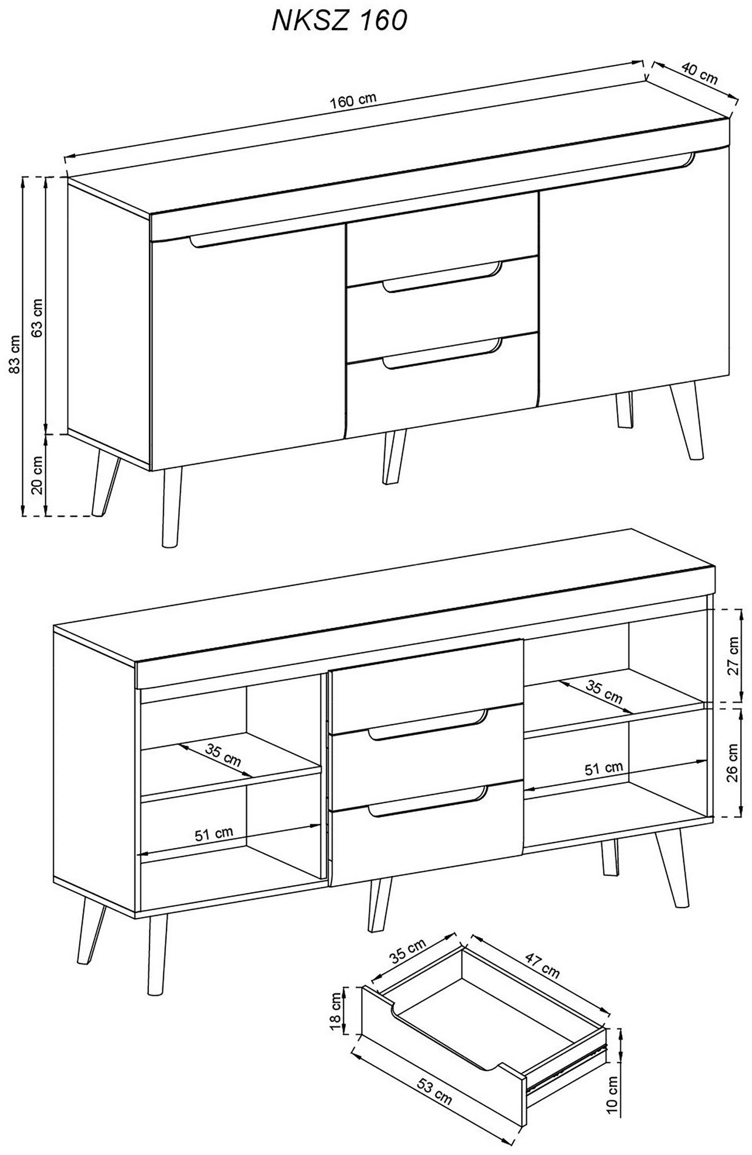 INOSIGN Dressoir Torge, dressoir, commode, ladekast afgeschuinde poten, drie kleuren, scandi design, 160 cm breed (1 stuk)