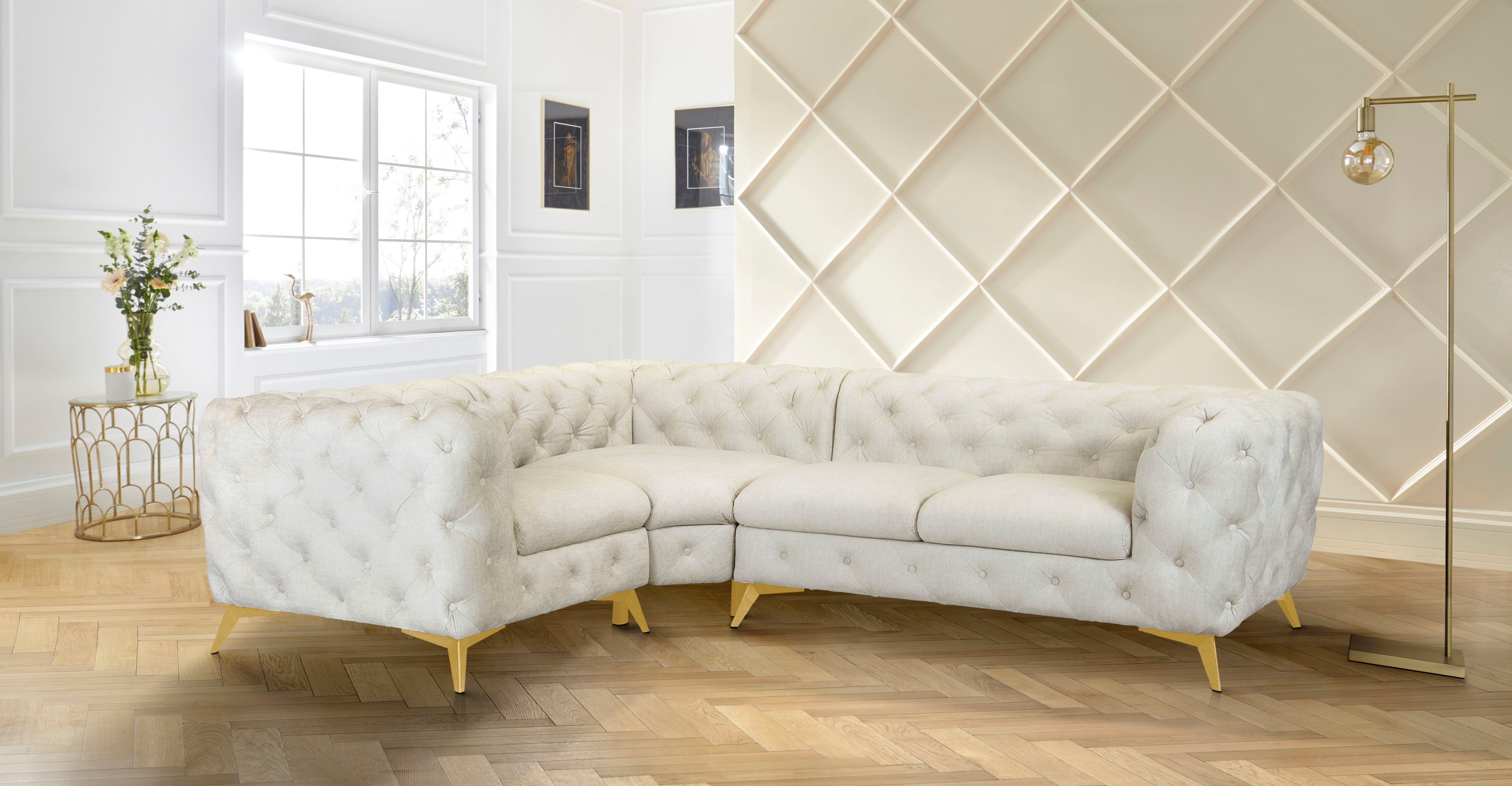 Leonique Chesterfield-bank Glynis L-vorm luxueuze capitonnage, moderne chesterfield look, kleur van de poten ter keuze