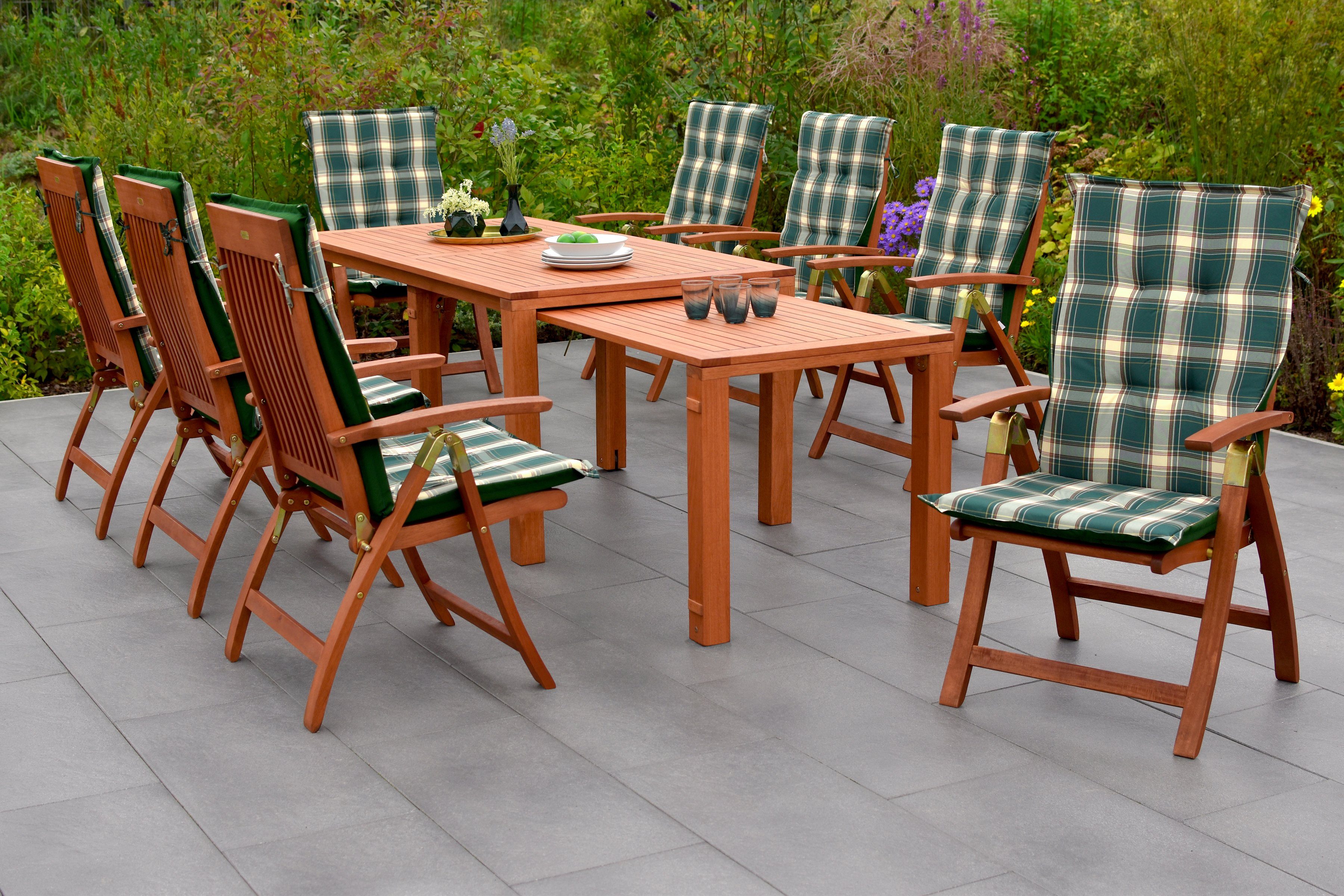MERXX Tuin-eethoek Comodoro 8 klapstoelen, 5-voudig verstelbaar, 8 kussens, uitschuifbare tafel (set, 17-delig) tuinsets