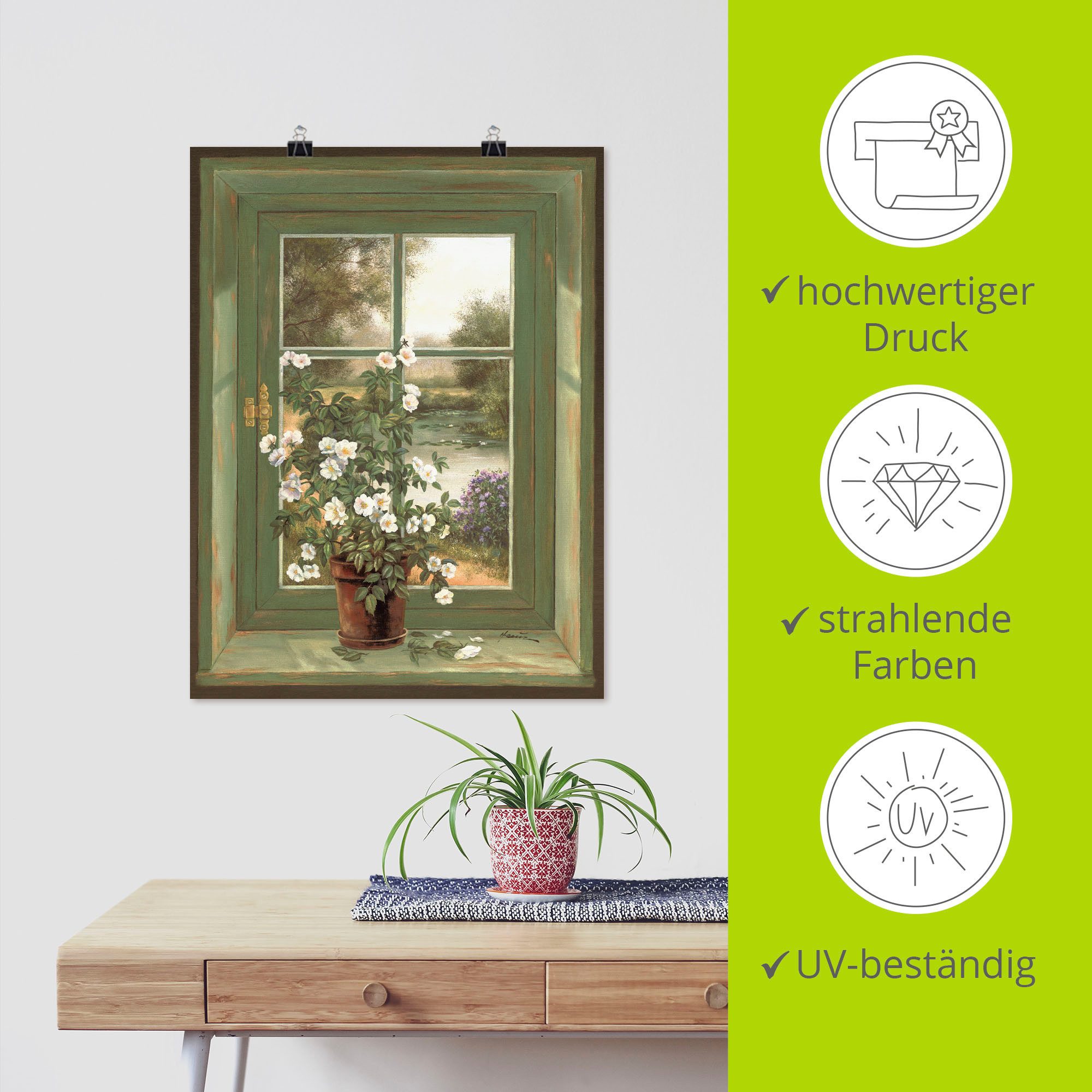 Artland Artprint Wilde rozen bij het raam als artprint van aluminium, artprint voor buiten, artprint op linnen, poster, muursticker