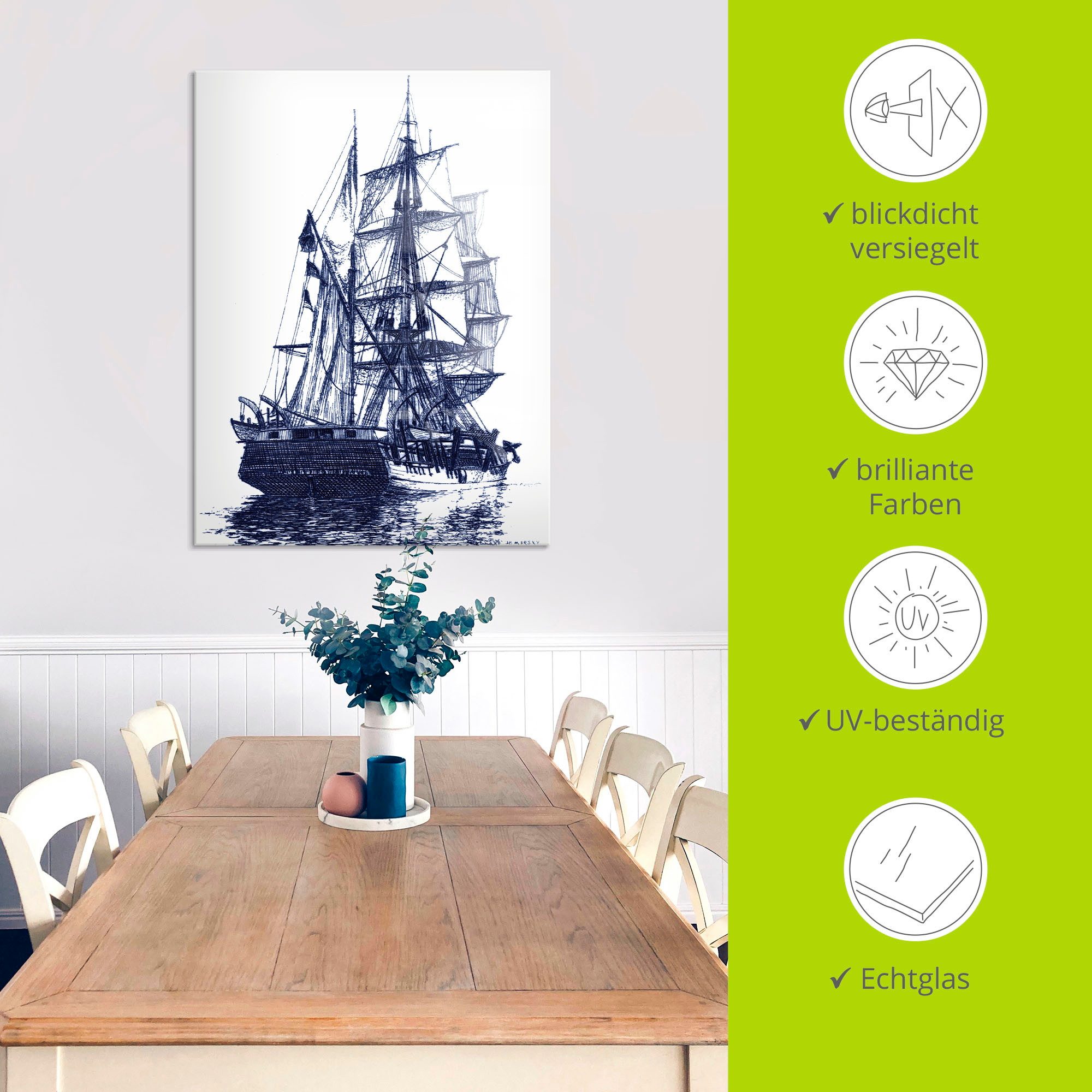 Artland Print op glas Antieke boot in blauw I