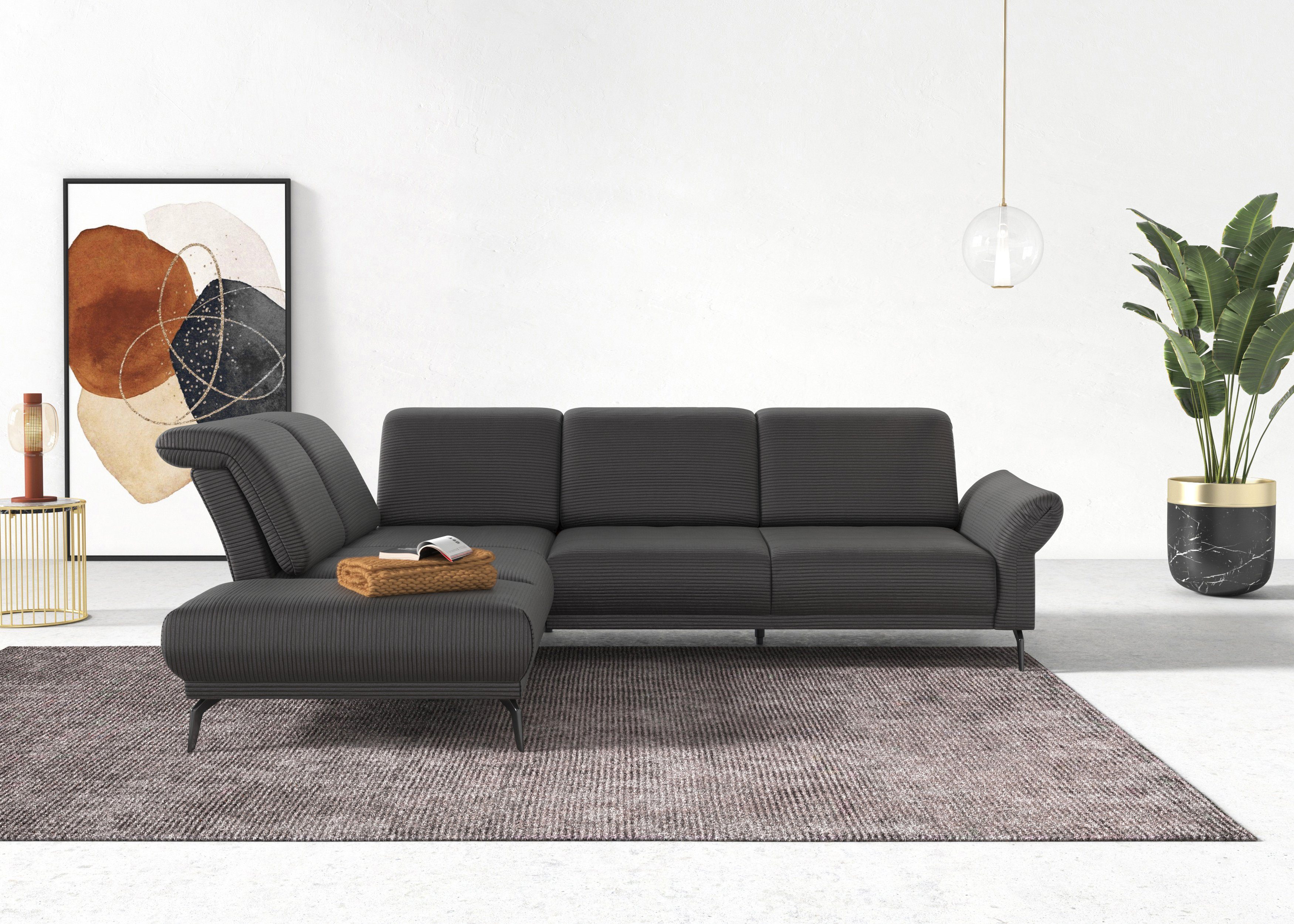 INOSIGN Hoekbank Coco L-vorm Verstelbare zitdiepte, armleuning en hoofdeind, cordbekleding, poothoogte 15 cm