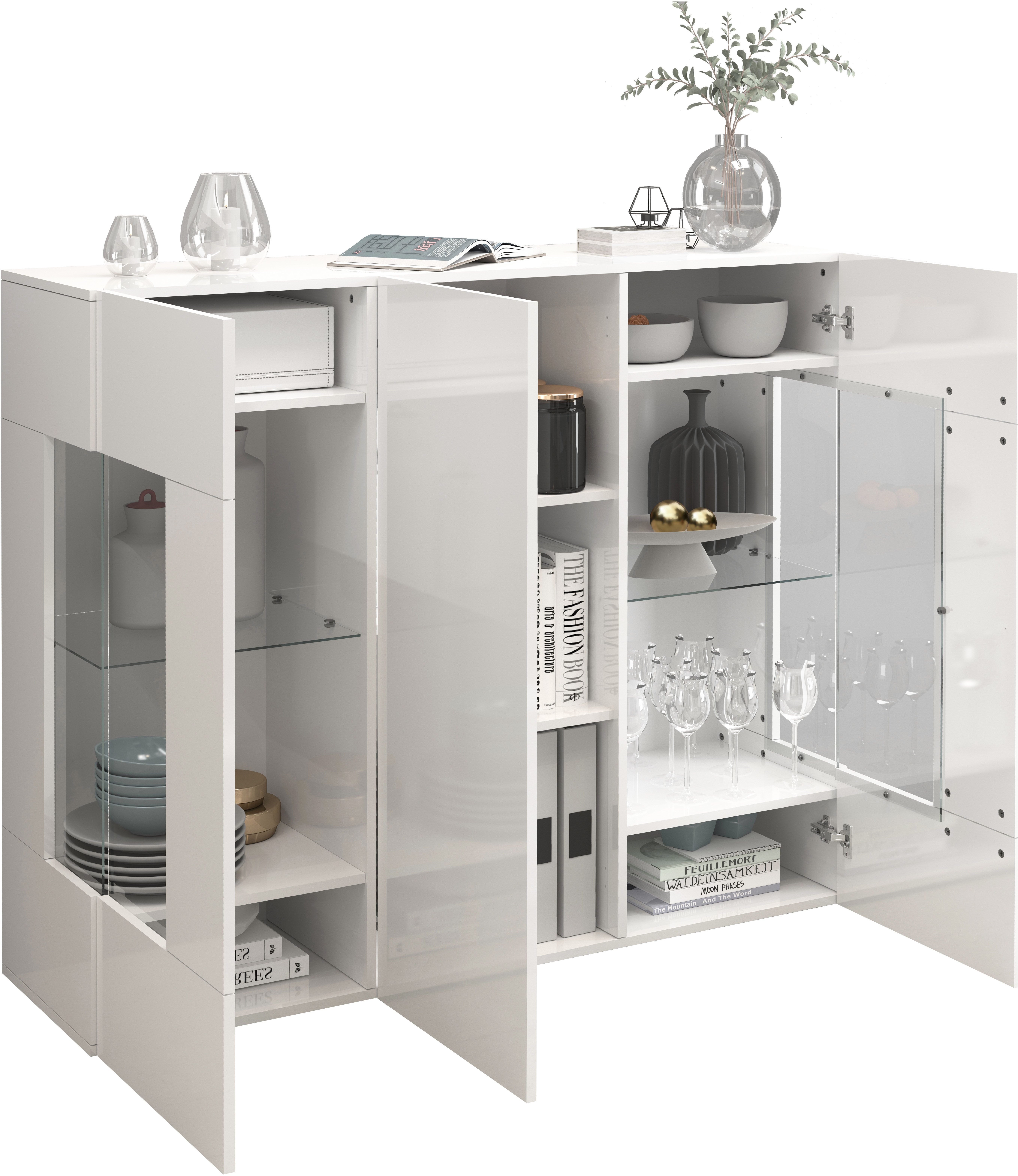 INOSIGN Highboard Egypte, Highboard, Hoge kast, Hoge ladekast, Vitrine met 3 deuren waarvan 2 met glaselement, volledig hoogglans gelakt, breedte 135