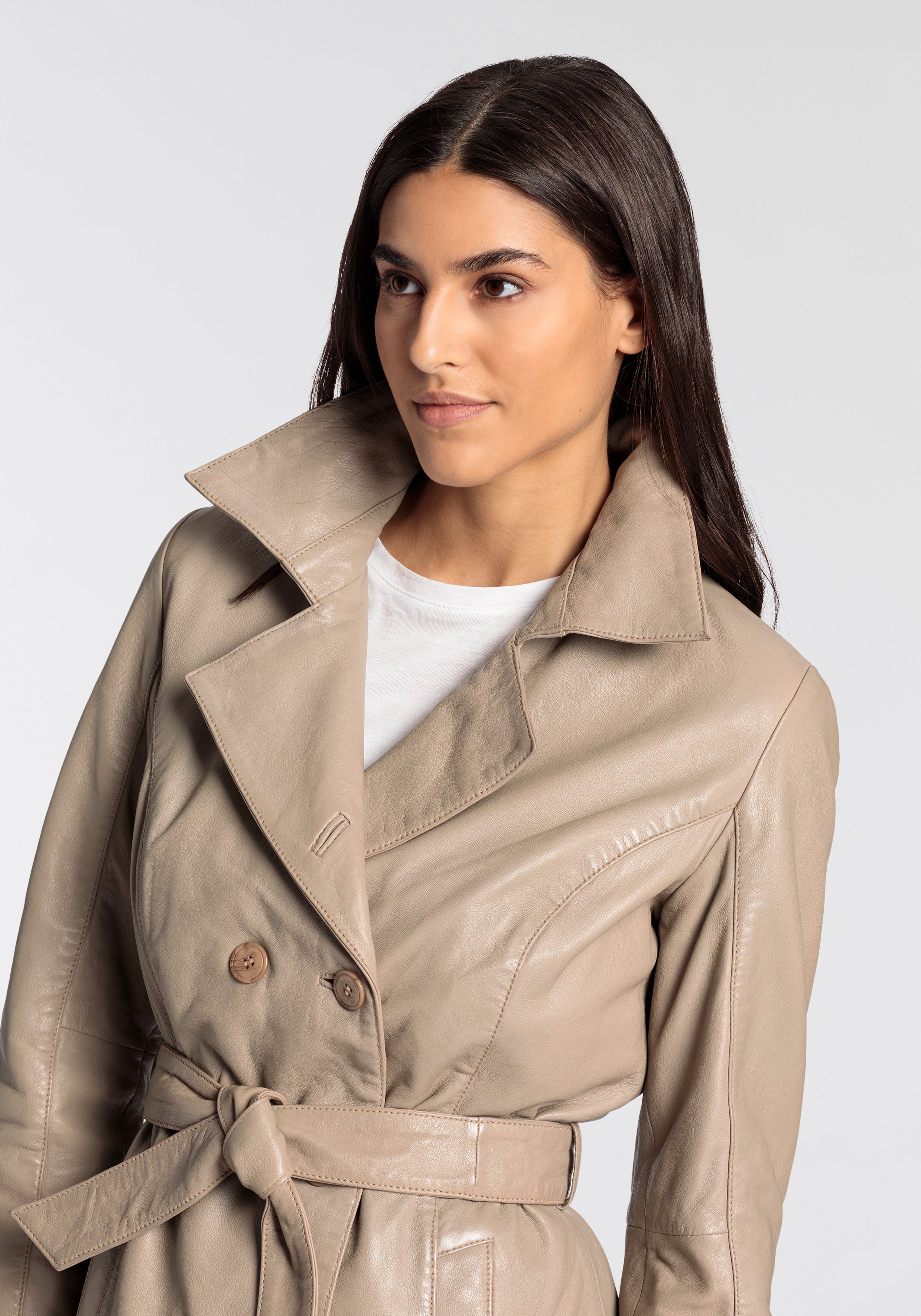Mauritius Lange, leren jas GWTaruh OT elegante leren trenchcoat met bindceintuur (2-delig)