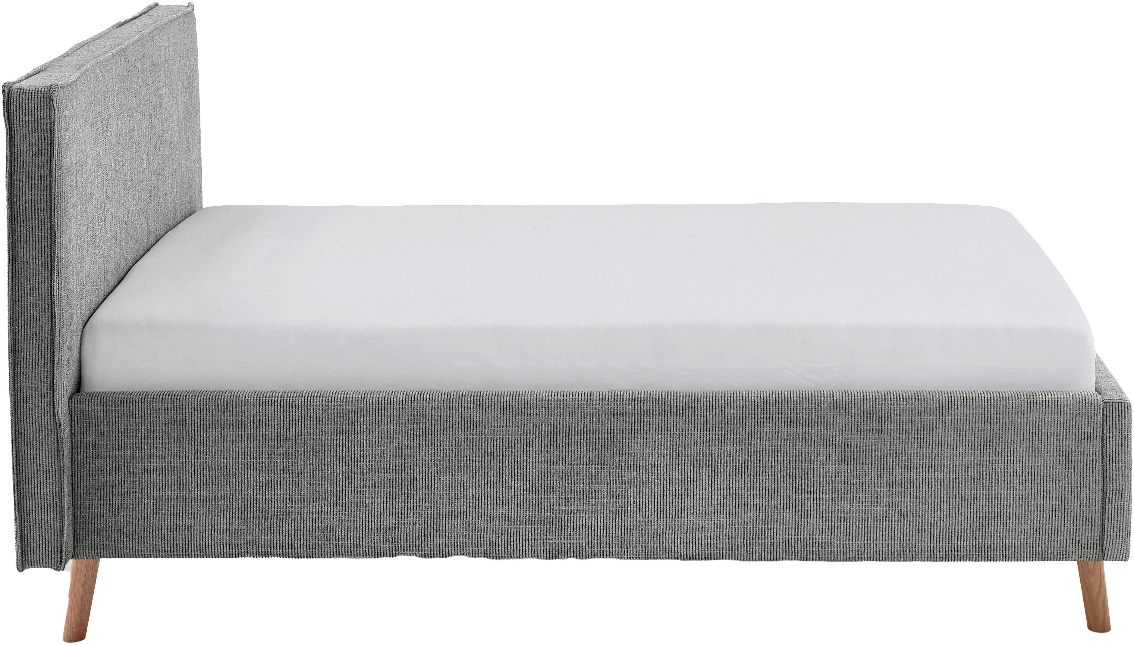 meise.möbel Gestoffeerd bed Riva met eikenkleurige houten poten, naar keuze met bedkist en lattenbodem