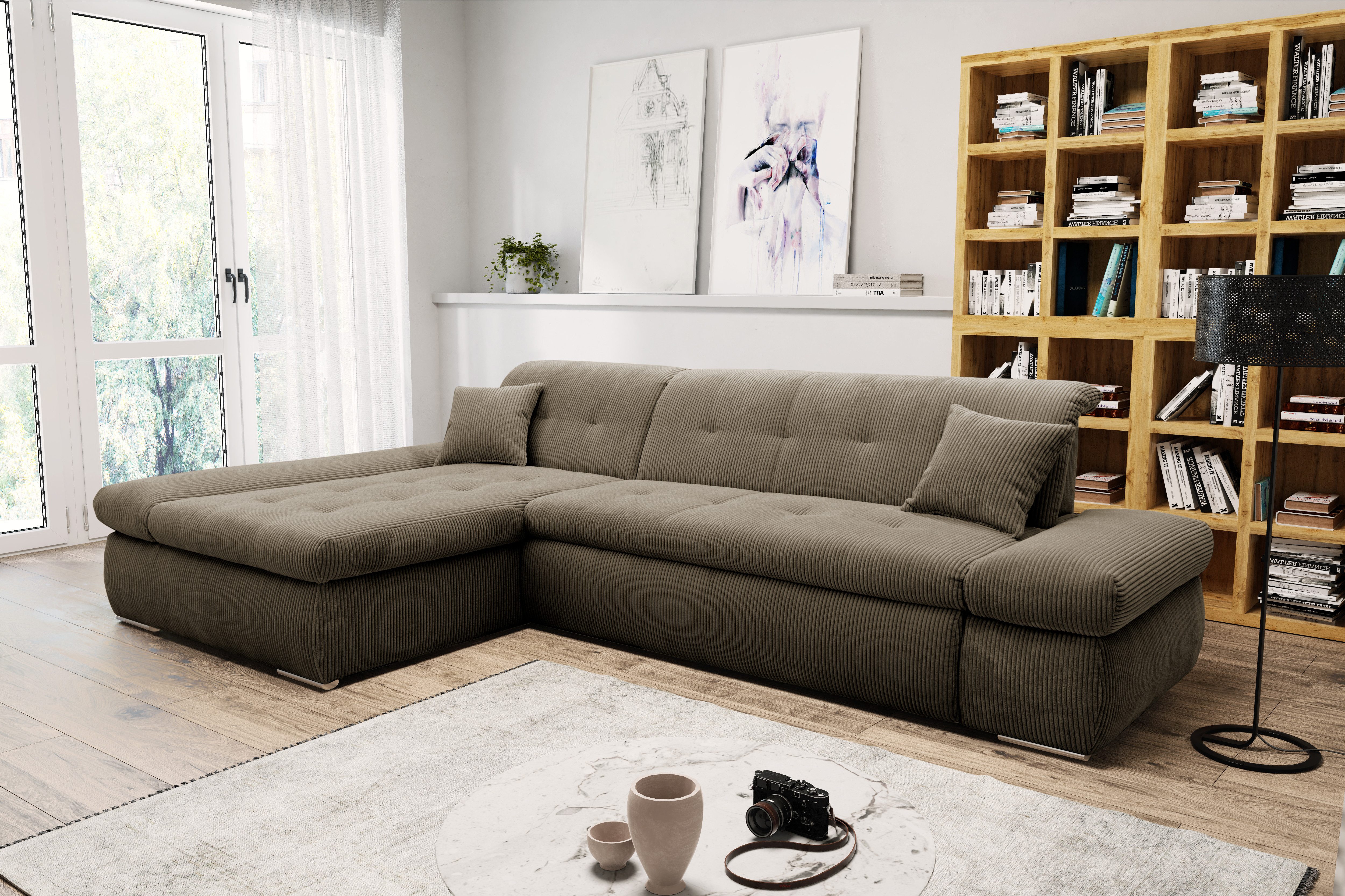 DOMO collection Hoekbank Moric Luxe - BxDxH 300x172x80 cm, XXL-formaat L-vorm, 140kg belasting/zitplaats, in cord, chenille, kunstleer bruin,