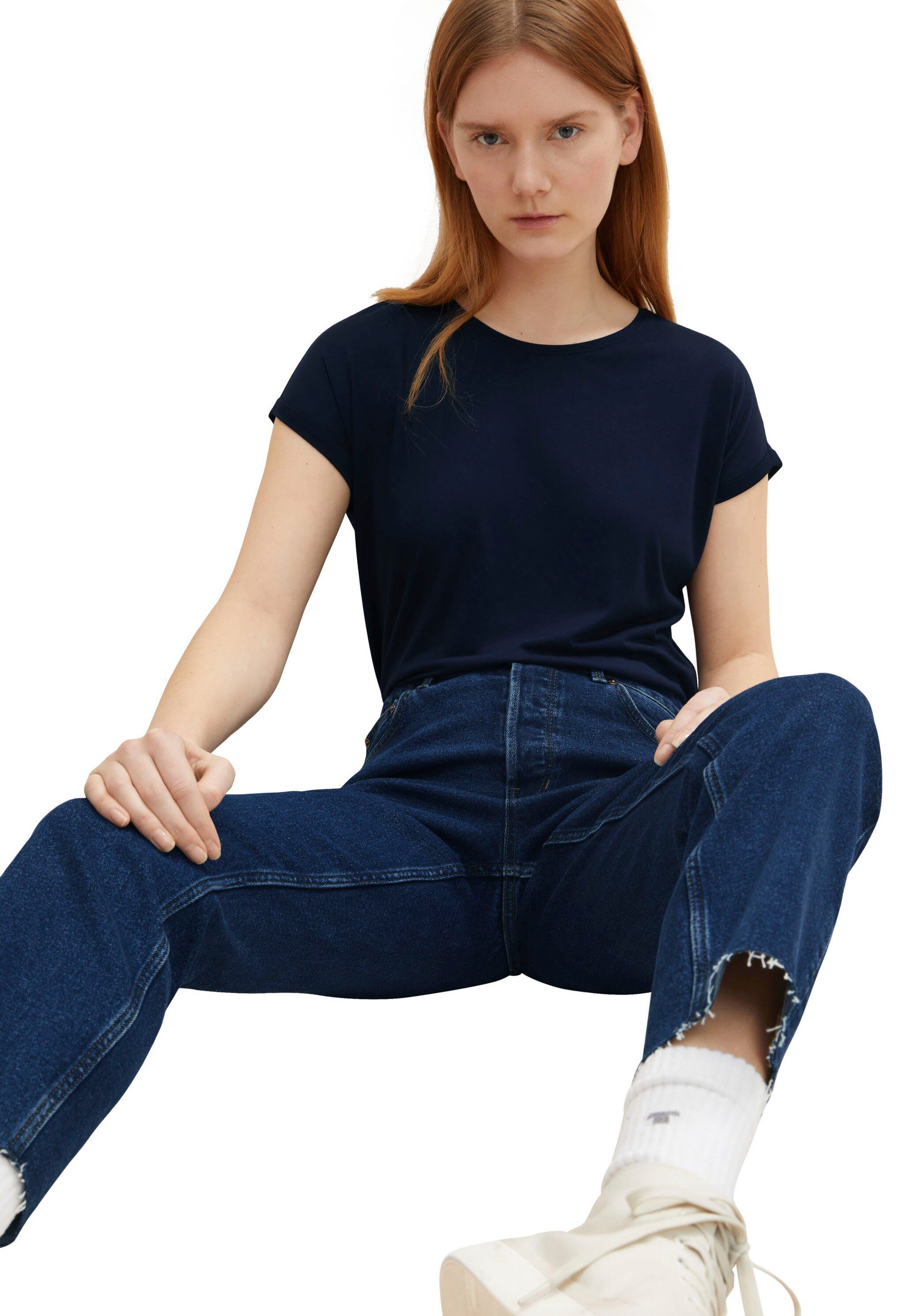 Tom Tailor Denim Shirt met ronde hals met mouwomslagen