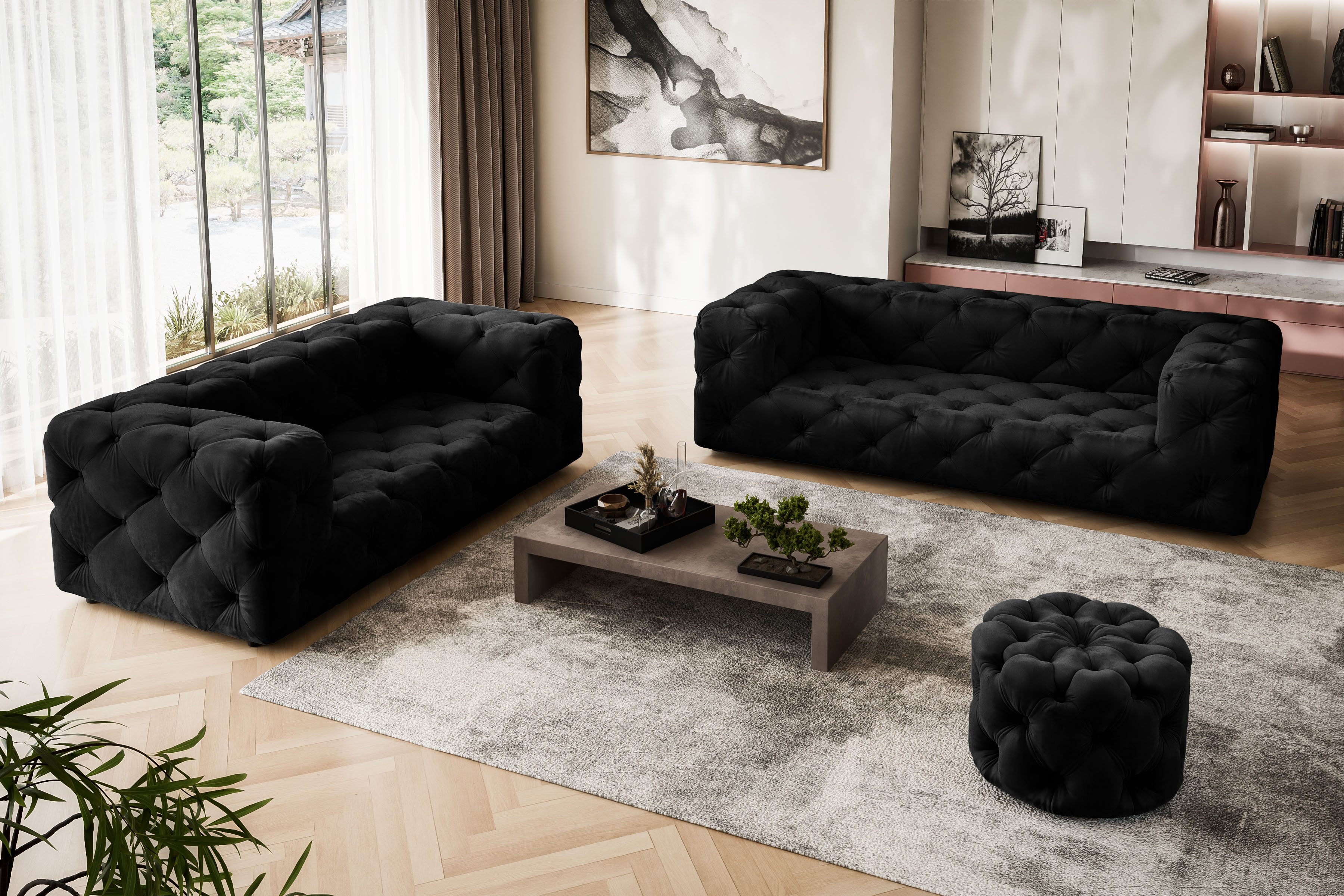 Places of Style Hocker FOLLINA Beklede poef met klassieke Chesterfield-knopafwerking