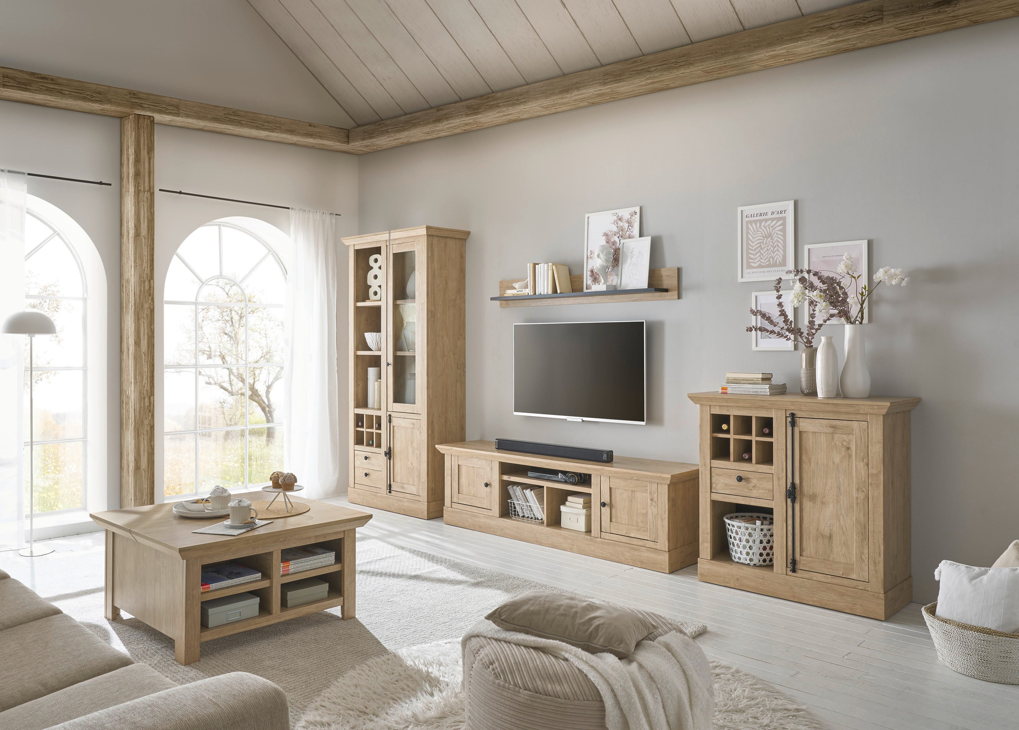 Home affaire Wandmeubel Cornwall, opbouwwand in landelijke stijl, woonkamer-set, eiken decor (set, 4-delig)