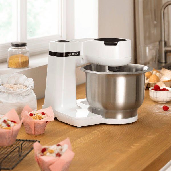 BOSCH Keukenmachine Serie 2 MUMS2EW00, edelstalen kom, wit Planetenmixers, kneedhaken/schaar-/klop-/mixbesen van roestvrij staal, 4 standen