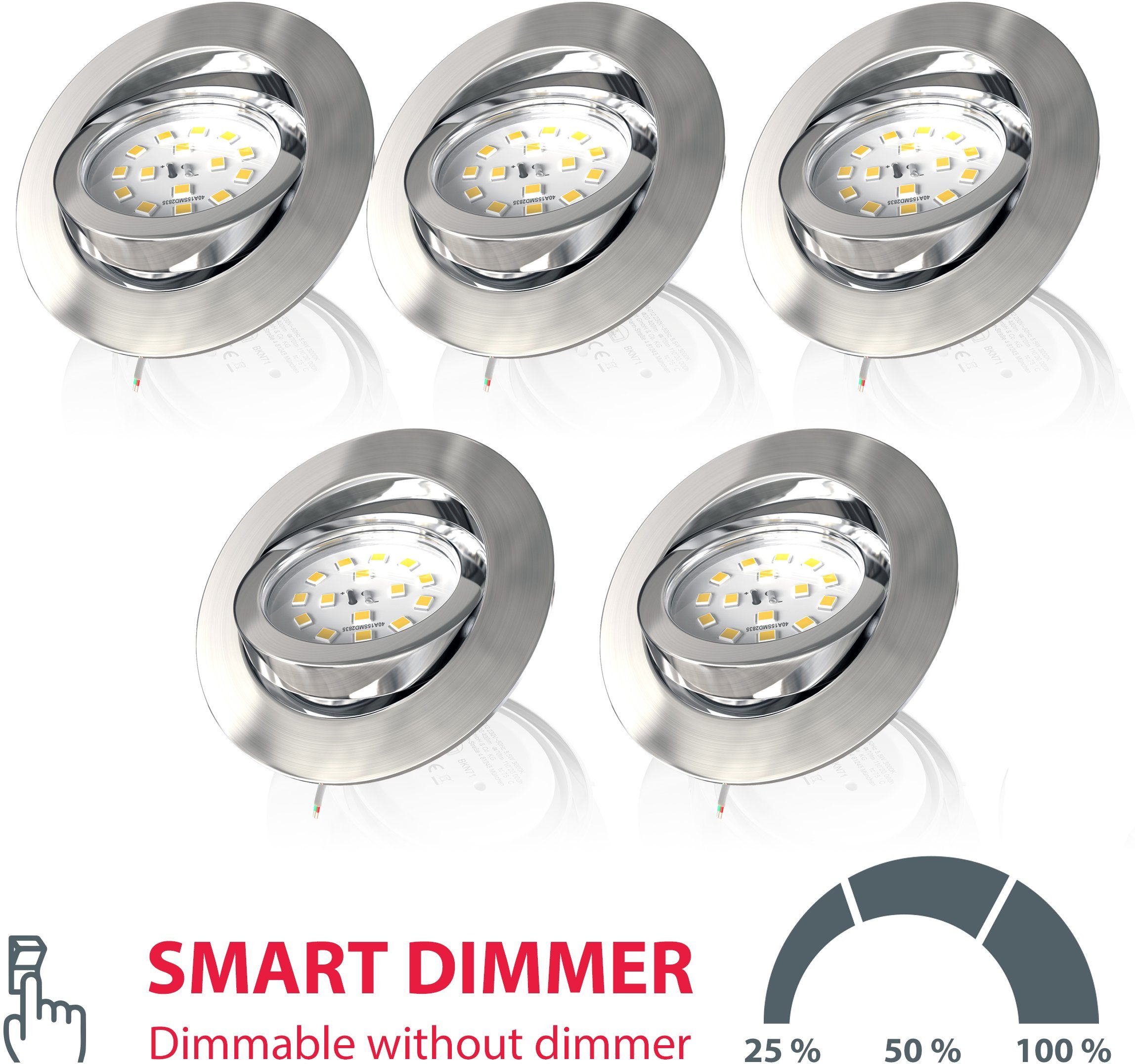 B.K.Licht Ledinbouwlamp BK_EL1074 5-delige set inbouwspots, dimbare plafondspots, plat (5 stuks)