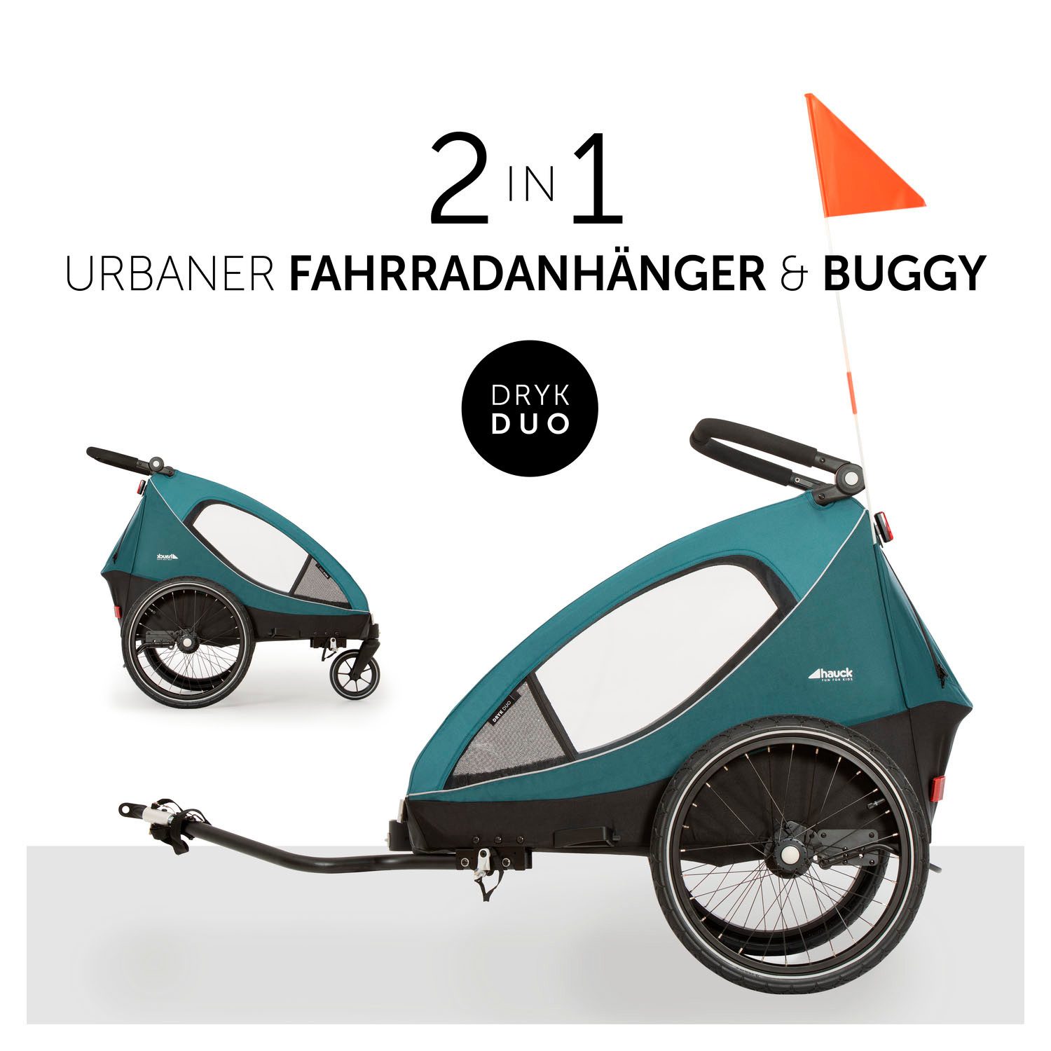 Hauck Kinderen fiets aanhanger Dryk Duo, Ocean Green voor 2 kinderen, incl. buggy-wiel