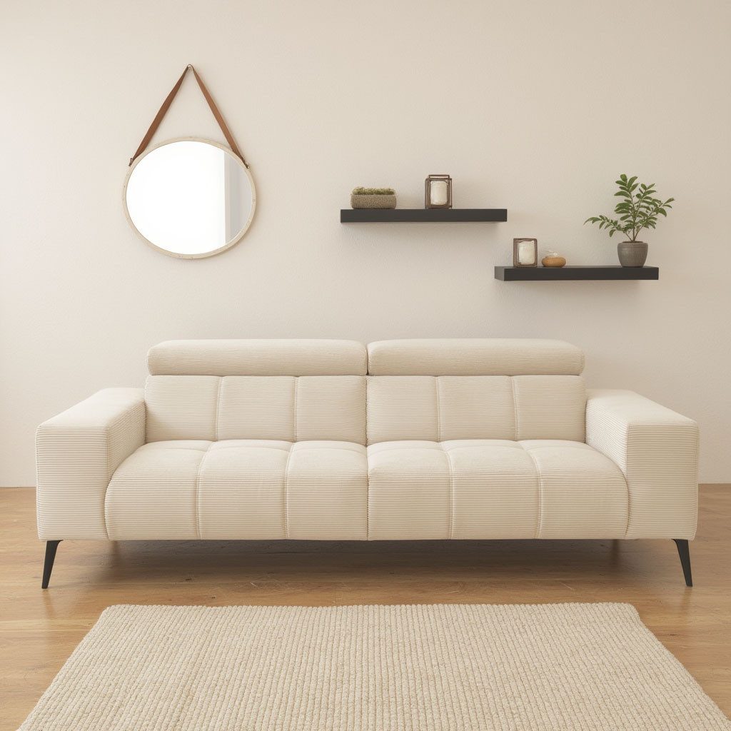 DOMO collection 2-zitsbank Trento, met sledevoet of enkele voet keuze met hoofdeinde verstelbaar en in twee maten verkrijgbaar beige, 2-zitsbanken